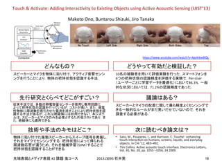 !
!
#2! 201313095!
SVM
10
6 Per-User
86.3% 	
71.2%
	
•  Sato,!M.,!Poupyrev,!I.,!and!Harrison,!C.!Touche!́:!enhancing!
touch!interacEon!on!humans,!screens,!liquids,!and!everyday!
objects.!In!CHI!’12,!483–492.!
•  Tim!Collins.!AcEve!acousEc!touch!interface.!Electronics!Le]ers,!
Vol.!45,!No.!20,!pp.!1055!–1056,!24!2009.
Touch&&&AcEvate:&Adding&InteracEvity&to&ExisEng&Objects&using&AcEve&AcousEc&Sensing&(UIST’13)
Makoto!Ono,!Buntarou!Shizuki,!Jiro!Tanaka
h]ps://www.youtube.com/watch?v=XgxXi6w8IQc
 