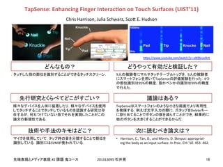 !
!
#2! 201313095!
SVM
9 9
TapSense 4
95% 99%
TapSense
Delete
•  Harrison,!C.,!Tan,!D.,!and!Morris,!D.!Skinput:!appropriat-!
ing!the!body!as!an!input!surface.!In!Proc.!CHI!'10.!453-!462.
TapSense:&Enhancing&Finger&InteracEon&on&Touch&Surfaces&(UIST’11)
Chris!Harrison,!Julia!Schwarz,!Sco]!E.!Hudson
h]ps://www.youtube.com/watch?v=-oN96cucBr4
 
