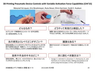 !
!
#2! 201313095!
3D !
3D
•  Savage,!V.,!Schmidt,!R.,!Grossman,!T.,!Fitzmaurice,!G.,!and!
Hartmann,!B.!A!series!of!tubes:!Adding!interacEvity!to!3d!
prints!using!internal!pipes.!In!Proc.!UIST'14!(2014).!
3D&PrinEng&PneumaEc&Device&Controls&with&Variable&AcEvaEon&Force&CapabiliEes&(CHI’15)&
Marynel!Va!́zquez,!Eric!Brockmeyer,!Ruta!Desai,!Chris!Harrison,!Sco]!E.!Hudson
h]ps://www.youtube.com/watch?v=-4gFYvhkz0Y
 
