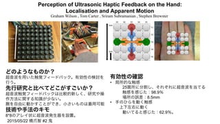 Perception of Ultrasonic Haptic Feedback on the Hand:
Localisation and Apparent Motion	
Graham Wilson , Tom Carter , Sriram Subramanian , Stephen Brewster	
どのようなものか？
超音波を用いた触覚フィードバック。有効性の検討を
行う。
先行研究と比べてどこがすごいか？
超音波触覚フィードバックは比較的新しく、研究や操
作方法に関する知識が少ない。
腕を自由に動かすことができ、小さいものは着用可能
技術や手法のキモ
8*8のアレイ状に超音波発生器を設置。
有効性の確認
•  局所的な触感
   25箇所に分割し、それぞれに超音波を当てる
   触感を感じた：98.9％
   場所の誤差：8.5mm
•  手のひらを動く触感
上下左右に動く
   動いてると感じた：62.9％。
2015/05/22 橋爪智 #2 鬼
 