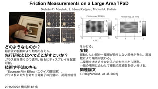 Friction Measurements on a Large Area TPaD	
Nicholas D. Marchuk , J. Edward Colgate , Michael A. Peshkin	
どのようなものか？
超音波の振動により触感を与える。
先行研究と比べてどこがすごいか？
ガラス板を使うので透明。後ろにディスプレイを配置
可能。
技術や手法のキモ
「Squeeze Film Effect（スクイズ膜効果）」
ガラス板に取り付けた圧電素子の円盤に、高周波信号
をかける。
実験
振動しない部分＝摩擦が発生しない部分が発生。周波
数により場所が変わる。
→摩擦を大きさをかける力の大きさから計測。
→指の場所に合わせて複数の周波数を使い分ける。
関連論文
T-PaD[Winfield, et al. 2007]
2015/05/22 橋爪智 #2 鬼
 