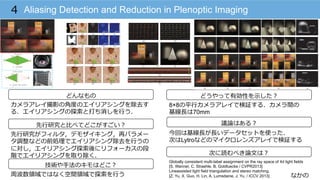 なかの
Aliasing Detection and Reduction in Plenoptic Imaging4
どんなもの
先⾏行行研究と⽐比べてどこがすごい？
技術や⼿手法のキモはどこ？
どうやって有効性を⽰示した？
議論論はある？
次に読むべき論論⽂文は？
カメラアレイ撮影の⾓角度度のエイリアシングを除去す
る．エイリアシングの探索索と打ち消しを⾏行行う．
周波数領領域ではなく空間領領域で探索索を⾏行行う
先⾏行行研究がフィルタ，デモザイキング，再パラメー
タ調整などの前処理理でエイリアシング除去を⾏行行うの
に対し，エイリアシング探索索後にリフォーカスの段
階でエイリアシングを取り除く．
8×8の平⾏行行カメラアレイで検証する．カメラ間の
基線⻑⾧長は70mm
今回は基線⻑⾧長が⻑⾧長いデータセットを使った．
次はLytroなどのマイクロレンズアレイで検証する
Globally consistent multi-label assignment on the ray space of 4d light fields
[S. Wanner, C. Straehle, B. Goldluecke / CVPR2013]
Lineassisted light field triangulation and stereo matching.
[Z. Yu, X. Guo, H. Lin, A. Lumsdaine, J. Yu. / ICCV 2013]
 