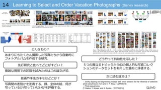 なかの
Learning to Select and Order Vacation Photographs (Disney research)14
技術や⼿手法のキモはどこか？
どんなもの？
先⾏行行研究と⽐比べてどこがすごい？
次に読む論論⽂文は？
どうやって有効性を⽰示した？
あまりにもたくさん撮影した写真たちから⾃自動的に
フォトアルバムを作成する研究．
複雑な視覚での区別を試みたのはこの論論⽂文が初．
５つの異異なるトピックから63の個⼈人的な写真コレク
ションのデータセットを利利⽤用し定量量的に評価する．
写真間の差別かを定義する．顔、全体の絵、何が
写っているか/写っていないかを評価する．
・Jointly aligning and segmenting multiple web photo streams for the inference of collective
photo storylines [G. Kim and E. P. Xing. / CVPR2013]
・Photo sequencing.
[T. Basha, Y. Moses, and S. Avidan.. / CVPR2012]
 