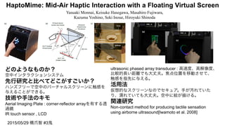 HaptoMime: Mid-Air Haptic Interaction with a Floating Virtual Screen
Yasuaki Monnai, Keisuke Hasegawa, Masahiro Fujiwara,
Kazuma Yoshino, Seki Inoue, Hiroyuki Shinoda
2015/05/29 橋爪智 #3鬼
どのようなものか？
空中インタラクションシステム
先行研究と比べてどこがすごいか？
ハンズフリーで空中のバーチャルスクリーンに触感を
与えることができる。
技術や手法のキモ
Aerial Imaging Plate : corner-reflector arrayを有する透
過鏡
IR touch sensor , LCD
ultrasonic phased array transducer : 高速度、高解像度、
比較的長い距離でも大丈夫。焦点位置を移動させて、
触感を指先に与える。
活用法
仮想的なスクリーンなのでセキュア。手が汚れていた
り、濡れていても大丈夫。空中に絵が描ける。
関連研究
Non-contact method for producing tactile sensation
using airborne ultrasound[Iwamoto et al. 2008]
 