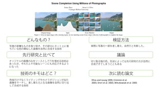 どんなもの？
先行研究と比べて
技術のキモはどこ？
検証方法
議論
次に読む論文
写真の邪魔なものを取り除き、その部分にネット上に落
ちている他の類似した画像を自然に合成する技術
オリジナルの画像のみをソースとして穴を埋める技術は
あったが、それだと不可能なシーンにも対応できるよう
になった
色味だけでなくライティングやカメラポジションが似た
画像をサーチし、差し替え元となる画像を自然に切り出
して合成する技術
実際に写真の一部を差し替え、自然だと判断した。
切り取る物の色、形状によっては先行研究の方が自然に
合成できてしまうこともある
Efros&and&Leung&1999;&Criminisi&et&al.&
2003;&Drori&et&al.&2003;&Wilczkowiak&et&al.&2005
 