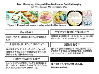 Food	
  Messaging:	
  Using	
  an	
  Edible	
  Medium	
  for	
  Social	
  Messaging	
  
Jun	
  Wei,	
  	
  Xiaojuan	
  Ma,	
  	
  Shengdong	
  Zhao	
  	
  
先行研究と比べてどこがすごい？
どんなもの？
SMSとしての食べ物の利用について考察した
もの
技術や手法のキモは？ 次に読むべき論文は？
議論はある？
どうやって有効だと検証した？
食べ物をメディアとしたコミュニケーションの
可能性を考察しただけの論文なので特に特
徴的な工夫は見られなかった
キャノンやエプソンが販売している可食印刷機を使
用している。また食べられるSMSメディアを作るもの
として３Dプリンタについても触れている。
被験者を募り実際に食べ物をメディアとしたSMSを利
用してもらい、アンケートやインタビューをした。
食べられるSMSには他のメディアによるSMSにはな
い有形で可食であるという特徴がある。この特徴は
コミュにケーションに大きな影響を与える。
食べ物をメディアとして使ったもの。
La8e	
  Art	
  Machine	
  	
  
 