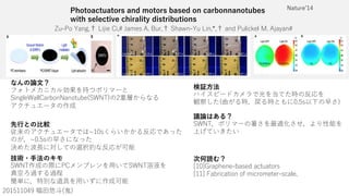 Photoactuators and motors based on carbonnanotubes
with selective chirality distributions
Ne&D MQ W% YZYU 7Y% >Q]Uc 5 6eb% GXQg &Me Y % % Q T De YS[U A 5ZQiQ
)*.**)-2 #
なんの論文？
é
GY W UKQ 7QbR BQ deRU GKBH#
先行との比較
m*)c
um) .c
技術・手法のキモ
GKBH D7 GKBH
u
検証方法
ç
u ) .c #
議論はある？
GKBHu u
次何読む？
O*)P bQ XU U&RQcUT QSdeQd bc
O**P :QRbYSQdY V ]YSb ]UdUb&cSQ U%
1 HI
 