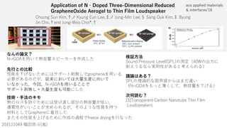 Application of N‐Doped Three-Dimensional Reduced
GrapheneOxide Aerogel to Thin Film Loudspeaker
7X W Ge Y]% % ie W 9e UU% % >e W&AY UU% GQ W Ce[ Y]% 6ie W
>Y 7X % Q T >e W&K 7X Y %
G A H AG
CH G &
)*.**)-2 #
なんの論文？
B&b C5
先行との比較
WbQ XU U
u d S`f d S`
Sc O ʼNB&b C5 S a
Pv R g
技術・手法のキモ
u
ú “
bQ XU U
́ VbUUjU TbiY W
検証方法
G e T DbUccebU UfU GD # -)K
“
議論はある？
GD
B&b C5 u
次何読む？
O,PHbQ c QbU d 7QbR BQ deRU HXY :Y ]
eTc UQ[Ubc
 