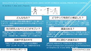 SIMULATION OF HUMAN MOTION DATA USING SHORT-HORIZON MODEL-PREDICTIVE CONTROL
M. da Silva, Y. Abe, and J. Popovic
どんなもの？
先行研究と比べてどこがすごい？
技術や手法のキモ
どうやって有効だと検証した？
議論はある？
次に読むべき論文は？
シミュレートされた人間を実際の動きデータに導くこと
によって、自然な動きを生成するモデル予測コントロー
ラMcSimを提示
事前計算と手動のチューニングはほとんどなく、基準動作
と同様に歩行、走行、ジャンプ動作を生成することができ
ますが、対話速度で新しい物理環境（§7）にも適応する
予測コンポーネントと低ゲインの比例微分
（PD）コンポーネント（§5）を組み合わせる
リンクされた剛体と接触力学の線形化モデルに基づく予測コン
ポーネント（§4）を使用、線形動力学モデルは入力運動を追跡
する関節力および外力を解決する二次プログラム（QP）の制約
として使用
一部の3Dモーションの最適なパラメータを見つけること
が困難であった。回転する動きなどうまく追従できない
動作もあった。
[AFO03] ARIKAN O., FORSYTH D. A., O’BRIEN J. F.:
Motion synthesis from annotations. ACM Transactions
on Graphics 22, 3 (July 2003), 402–408.
201511520 鈴木亮祐(人間コース) EUROGRAPHICS 2008
 