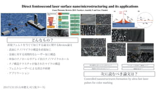 直接フェムトを当てて加工する論文に関するReview論文
- 表面にナノ/マイクロ構造を直接加工
- 金属に対する周期的なレーザー加工構造
- 単体のナノホールやアレイ状のナノ/マイクロホール
- ナノ構造テクスチャが施されたマイクロ構造
- フェムトレーザーによる消去や研磨
- アプリケーション
Controlled nanostructrures formation by ultra fast laser
pulses for color marking
Direct femtosecond laser surface nano/microstructuring and its applications
(Laser Photonics Reviews 2013: Vorobyev, Anatoliy Y and Guo, Chunlei)
201713119 山本健太 #2 (鬼コース)
 