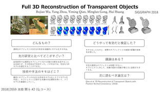 Full 3D Reconstruction of Transparent Objects
Bojian Wu, Yang Zhou, Yiming Qian, Minglun Gong, Hui Huang
どんなもの？
次に読むべき論文は？
先行研究と比べてどこがすごい？
技術や手法のキモはどこ？
議論はある？
どうやって有効だと検証した？
透明なオブジェクトの3次元の形状を自動的にモデル化する手法。
201813559 池畑 開斗 #2 (仏コース)
最初にオブジェクトの大まかな形状をモデル化したラフモデルを
作成し、オブジェクトと交差する光線の対応関係を用いて、ラフ
モデルを最適化していく。
モデル化したものと、実際のオブジェクトとの表面の距離の誤差
を計測した。
SIGGRAPH 2018
従来研究では透明なオブジェクトの2つの面の点群を生成すること
は出来たが、その形状は不完全だった。この手法では、完全な３D
モデルを復元することができる。
中空の透明なオブジェクトは処理できない。
オブジェクトに対して、光線の屈折の回数が増えると誤差が大き
くなる。
Qian et al. 3D Reconstruction of Transparent Objects with
Position-Normal Consistency. [2016]
 