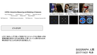 　　　　　　　　どんなもの
LCD二枚をレンズで絞って投影することによって中心領域への知
覚敵距離を測定する方法を発見した事によって人間の目の白内
障を測定することが出来る手法を確立した。
SIGGRAPH 人間
201711431 今井
 