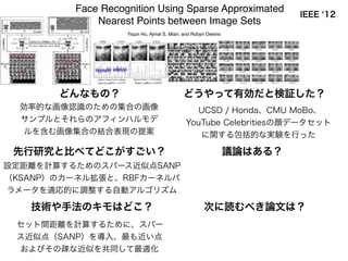 先行研究と比べてどこがすごい？ 議論はある？
次に読むべき論文は？技術や手法のキモはどこ？
どうやって有効だと検証した？どんなもの？
Face Recognition Using Sparse Approximated
Nearest Points between Image Sets
IEEE 12
Yiqun Hu, Ajmal S. Mian, and Robyn Owens
効率的な画像認識のための集合の画像
サンプルとそれらのアフィンハルモデ
ルを含む画像集合の結合表現の提案
UCSD / Honda、CMU MoBo、
YouTube Celebritiesの顔データセット
に関する包括的な実験を行った
セット間距離を計算するために、スパー
ス近似点（SANP）を導入、最も近い点
およびその疎な近似を共同して最適化
設定距離を計算するためのスパース近似点SANP
（KSANP）のカーネル拡張と、RBFカーネルパ
ラメータを適応的に調整する自動アルゴリズム
 