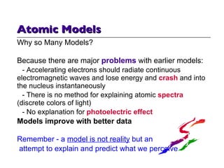 Atomic Models Why so Many Models? Because there are major  problems  with earlier models: - Accelerating electrons should radiate continuous electromagnetic waves and lose energy and  crash  and into the nucleus instantaneously - There is no method for explaining atomic  spectra  (discrete colors of light) - No explanation for  photoelectric effect Models improve with better data Remember - a  model is not reality  but an attempt to explain and predict what we perceive 