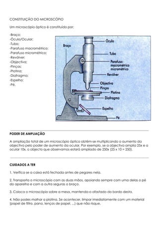 CONSTITUIÇÃO DO MICROSCÓPIO
Um microscópio óptico é constituído por:
-Braço;
-Óculo/Ocular;
-Tubo;
-Parafuso macrométrico;
-Parafuso micrométrico;
-Revólver;
-Objectiva;
-Pinças;
-Platina;
-Diafragma;
-Espelho;
-Pé.
PODER DE AMPLIAÇÃO
A ampliação total de um microscópio óptico obtém-se multiplicando o aumento da
objectiva pelo poder de aumento da ocular. Por exemplo, se a objectiva amplia 25x e a
ocular 10x, o objecto que observamos estará ampliado de 250x (25 x 10 = 250).
CUIDADOS A TER
1. Verifica se a caixa está fechada antes de pegares nela.
2. Transporta o microscópio com as duas mãos, apoiando sempre com uma delas o pé
do aparelho e com a outra seguras o braço.
3. Coloca o microscópio sobre a mesa, mantendo-o afastado do bordo desta.
4. Não podes molhar a platina. Se acontecer, limpar imediatamente com um material
(papel de filtro, pano, lenços de papel, ...) que não risque.
 