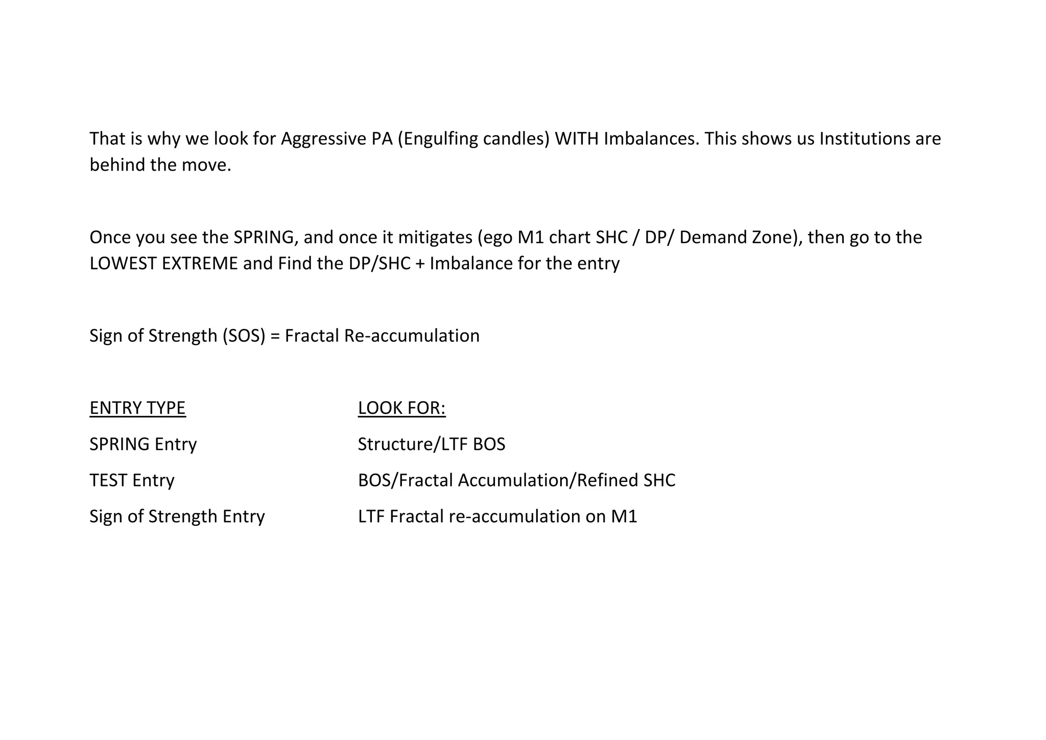 That is why we look for Aggressive PA (Engulfing candles) WITH Imbalances. This shows us Institutions are
behind the move.
Once you see the SPRING, and once it mitigates (ego M1 chart SHC / DP/ Demand Zone), then go to the
LOWEST EXTREME and Find the DP/SHC + Imbalance for the entry
Sign of Strength (SOS) = Fractal Re-accumulation
ENTRY TYPE LOOK FOR:
SPRING Entry Structure/LTF BOS
TEST Entry BOS/Fractal Accumulation/Refined SHC
Sign of Strength Entry LTF Fractal re-accumulation on M1
 
