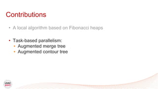 • A local algorithm based on Fibonacci heaps
• Task-based parallelism:
• Augmented merge tree
• Augmented contour tree
Contributions
 