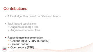 • A local algorithm based on Fibonacci heaps
• Task-based parallelism:
• Augmented merge tree
• Augmented contour tree
• Ready to use implementation
• Generic input (VTU/VTI, 2D/3D)
• Generic output
• Open source (TTK)
Contributions
 
