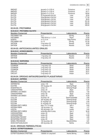 DENOMINACION COMERCIAL    55


INNOHEP                          jga.prell.x 2 x 0.35 ml       Purissimus              47.79
INNOHEP                          jga.prell.x 2 x 0.45 ml       Purissimus              63.71
INNOHEP                          jga.prell.x 2 x 0.70 ml       Purissimus             148.84
DILUTOL                          20 mg jga.prell.x2x0.2ml        Lazar                 35.00
DILUTOL                          20mg jga.prell.x10x0.2ml        Lazar                177.00
DILUTOL                          40mg jga.prell.x 2x0.4ml        Lazar                 58.00
DILUTOL                          40mg jga.prell.x10x0.4ml        Lazar                291.00
DILUTOL                          60mg jga.prell.x10x0.6ml        Lazar                450.00
DILUTOL                          80mg jga.prell.x10x0.8ml        Lazar                595.00
02.04.02. PROTAMINA
02.04.02.01. PROTAMINA SULFATO
Nombre Comercial                 Presentación               Laboratorio             Precio
PROTAMINA 1000                   a.x 1                          ICN Arg.               30.30
PROTAMINA                        1000 UH/ml a.x 1 x 5 ml         Rivero                15.56
DENPRU                           a.x 5 x 5 ml                 Fada Pharma             125.00
PROTAMINA 1000                   a.x 10                         ICN Arg.              151.50
SINTROM                          4 mg comp.x 20                 Novartis               24.90
SINTROM                          1 mg comp.x 30                 Novartis               16.04
02.04.03. ANTICOAGULANTES ORALES
02.04.03.01. ACENOCUMAROL
Nombre Comercial                 Presentación               Laboratorio             Precio
SINTROM                          1 mg comp.x 30                 Novartis                  16.04
SINTROM                          4 mg comp.x 20                 Novartis                  21.56
02.04.03.02. WARFARINA
Nombre Comercial                 Presentación               Laboratorio             Precio
COUMADIN                         1 mg comp.x 30                  Bristol                  28.80
COUMADIN                         2 mg comp.x 30                  Bristol                  32.09
COUMADIN                         5 mg comp.x 30                  Bristol                  36.62
CIRCUVIT                         2 mg comp.x 20                  Ariston                  20.01
CIRCUVIT                         5 mg comp.x 20                  Ariston                  22.31
02.04.04. DROGAS ANTIAGREGANTES PLAQUETARIAS
02.04.04.01. ASPIRINA
Nombre Comercial                 Presentación               Laboratorio             Precio
ASPIRINETAS                      comp.x 100                       Bayer                   11.68
ECOTRIN                          325 mg grag.x 25            Schering-Plough               9.62
DESENFRIOLITO                    comp.x 12                   Schering-Plough               6.99
CARDIOASPIRINA                   comp.x 20                        Bayer                    6.51
ASPIRINA 0.100 GINSEX            Inf.comp.x 100                  Benitol                   7.09
CARDIOASPIRINA                   comp.x 50                        Bayer                   14.20
ASPIRINA 0.325 GINSEX            comp.x 28                       Benitol                  10.39
A.A.S.100                        Inf.comp.x 20              Sanofi-Synthelabo              5.85
ECOTRIN                          325 mg grag.x 50            Schering-Plough              17.40
ECOTRIN                          81 mg grag.x 25             Schering-Plough               8.36
ECOTRIN                          81 mg grag.x 50             Schering-Plough              15.13
ASPIRINA VENT-3 NIÑOS            blist.x 10 x 10 comp.           Vent 3                    8.00
ASPIRINA FABRA                   100 mg comp.x 10                 Fabra                    1.27
LACEFAL                          325 mg comp.x 100               Lacefa                    9.40
ASPIRINA VENT-3 NIÑOS            exhib.blist.x50x10 comp.        Vent 3                   36.30
CARDIOASPIRINA                   comp.x 30                        Bayer                    7.72
CARDIOASPIRINA                   comp.x 60                        Bayer                   14.08
BAYASPIRINA PREVENT              comp.x 30                        Bayer                    4.06
BAYASPIRINA PREVENT              comp.x 60                        Bayer                    7.23
GENIOL PREVENCION                100 mg comp.x 28            GlaxoSmithKline               3.81
ACIDO ACETILSALICILICO           325 mg comp.x 50                Northia                  13.00
02.05. DROGAS FIBRINOLITICAS
02.05.01. ESTREPTOQUINASA
Nombre Comercial                 Presentación               Laboratorio             Precio
ESTREPTOQUINASA STREPTASE        1500000 UI f.c/eq.transf    Aventis Behring        1,596.59
 