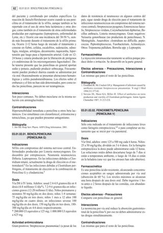 62     03.01.02.01. BENCILPENICILINA (PENICILINA G)


del paciente y corroborado por estudios específicos. La         datos de resistencia al neumococo en algunos centros del
reacción de Jasisch-Herxheimer ocurre cuando se usa peni-       país, sigue siendo droga de elección para el tratamiento de
cilina en el tratamiento de la sífilis, aunque también se ha    infecciones neumocóccicas sin compromiso del sistema ner-
reportado con el uso de otros beta lactámicos y otras dro-      vioso central), Streptococcus pyogenes, Enterococcus faeca-
gas; como también en el tratamiento de otras enfermedades       lis, Streptococcus viridans, Corynebacterium diphteriae, Ba-
producidas por espiroquetas (leptospirosis, enfermedad de       cillus anthracis, Listeria monocytogenes. Gram negativos:
Lyme, etc.). Ocurre con una incidencia del 30-50 %, sien-       Neisseria gonorrhoeae (no productora de penicilinasa), N.
do más frecuente durante el tratamiento de la sífilis prima-    Meningitidis. Anaerobios: clostridium no difficille, pepto-
ria. Ocurre 2-12 horas luego de iniciado el tratamiento y       coccus, Peptostreptococcus, Fusobacterium, Actinomyces.
consiste en fiebre, cefalea, escalofríos, sudoración, odino-    Otros: Treponema pallidum, Borrelia spp. y Leptospira.
fagia, mialgias, artralgias, decaimiento, taquicardia, hiper-
tensión que luego pasa a hipotensión arterial. Cede en 12-      Farmacocinética
24 horas y estaría producido por la liberación de pirógenos     La inyección intramuscular raramente se utiliza porque pro-
y/o endotoxinas de los microorganismos fagocitados1. De-        duce dolor e irritación. Se desarrolló en la parte general.
be tenerse presente que las penicilinas en general aportan
sodio y potasio, pudiendo producir sobrecarga. Frecuente-       Efectos adversos - Precauciones, Interacciones y
mente pueden producir diarrea cuando se administran por         Contraindicaciones
vía oral. Ocasionalmente se presentan alteraciones hemato-      Las mismas que para el resto de las penicilinas.
lógicas y colitis pseudomembranosa. Los efectos sobre el
embarazo y el feto no han sido determinados, pero como to-      Bibliografía
das las penicilinas, parecen no ser teratogénicas.              1. Friedland IR, Mc Cracken GH jr. Management of infections caused by
                                                                   antibiotic-resistant Streptococcus pneumoniae. N engl J Med
                                                                   1994;331:377-82.
Interacciones                                                   2. Stevens DL, Maier KA, Miller JE. Effect of antibiotics on toxin
Son poco comunes. No deben mezclarse en la misma so-               production and viavility of Clostridium perferingens. Antim Agents
lución con aminoglucósidos.                                        Chemother 1987; 31:213-218.

Contraindicaciones
Hipersensibilidad inmediata a penicilina u otros beta lac-      03.01.02.02. FENOXIMETILPENICILINA
támicos. Uso simultáneo con cloranfenicol, eritromicina y                    (PENICILINA V)
tetraciclinas, ya que pueden presentar antagonismo.
                                                                Indicaciones
Bibliografía                                                    Sólo esta indicada en el tratamiento de infecciones leves
1. Am Soc Hosp Serv Pharm. AHFS Drug Information. 2001.         como faringitis estreptocócica,1,2 o para completar un tra-
                                                                tamiento que se inició por vía parenteral.
03.01.02.01. BENCILPENICILINA
             (PENICILINA G)                                     Dosis
                                                                Vía Oral, adultos: entre 125 a 500 mg cada 6 horas. Niños:
Indicaciones                                                    25 a 50 mg/kg/día, dividido en 3 ó 4 dosis. En la faringitis
Sífilis con compromiso del sistema nervioso central. En-        estreptocócica la dosis puede administrarse cada 12 horas.
fermedades producidas por Listeria monocytogenes. En-           Las soluciones orales deben descartarse luego de 7 días si
docarditis por estreptococos. Neumonía neumocócica.             están a temperatura ambiente, o luego de 14 días si están
Difteria. Leptospirosis. En las infecciones debidas a Clos-     en la heladera (una vez que los envases han sido abiertos).
tridium tetanii, actualmente la droga de elección es el me-
tronidazol.2 En las infecciones debidas a Clostridium per-      Farmacocinética
fringens, el tratamiento de elección es la combinación de       Es una penicilina ácido-resistente, alcanzando concentra-
Penicilina G y clindamicina.2                                   ciones aceptables en sangre administrada por vía oral
                                                                (absorción de 60 %). Los niveles máximos se alcanzan
Dosis                                                           una hora después de una dosis oral. Debe ingerirse 1 ho-
Vía IM ó IV lenta. Adultos: usual 2.4-4.8 gramos/día en 4       ra antes o 2 horas después de las comidas, con abundan-
dosis (4-8 milllones U/día*), 7.2-9.6 gramos/día en infec-      te líquido.
ciones graves (12-20 millones U/día). Niños prematuros y
neonatos 50 mg/kg/día en dos dosis; niños 1-4 semanas:          Efectos adversos - Precauciones
75 mg/kg/día en tres dosis; niños 1 mes a 12 años 100           Comparte con penicilinas en general.
mg/kg/día en cuatro dosis; en infecciones severas 100
mg/kg/día en dos dosis, 150 mg/kg/día en tres dosis, 180-       Interacciones
300 mg/kg/día en 4-6 dosis respectivamente.                     La neomicina por vía oral reduce la absorción gastrointes-
* 200.000 UI equivalen a 125 mg; 1.000.000 UI equivalen         tinal de la penicilina V, por eso no deben administrarse es-
a 625 mg.                                                       tas drogas simultáneamente.

Actividad antimicrobiana                                        Contraindicaciones
Gram positivos: Streptococcus pneumoniae1 (a pesar de los       Las mismas que para el resto de las penicilinas.
 