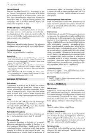 74       03.01.08.02. TETRACICLINA


Farmacocinética                                                                                concentra en el hígado y se elimina por bilis y heces. En
Tiene una alta absorción oral (95%), siendo mayor en ayu-                                      la obstrucción biliar se acumula en sangre. Del 20 al 55%
nas. En dosis convencionales, la doxiciclina no se elimina                                     se excreta por vía urinaria. Puede acumularse en la insufi-
por las mismas vías que las otras tetraciclinas, y no se acu-                                  ciencia renal.
mula significativamente en la sangre de los pacientes con
insuficiencia renal. La droga se excreta por heces, con                                        Efectos adversos - Precauciones
cierto efecto sobre la microflora intestinal. Alcanza con-                                     Puede exacerbar la insuficiencia renal. La nefrotoxicidad
centraciones terapéuticas en orina.                                                            de los anestésicos generales, tales como el metoxifluora-
                                                                                               no puede ser acrecentada por las tetraciclinas hasta produ-
Efectos adversos - Precauciones                                                                cir un cuadro urémico.
Entre los escasos y poco frecuentes efectos adversos pue-
den citarse náuseas, vómitos, diarrea, fotosensibilidad y                                      Interacciones
reacciones alérgicas. Debe evitarse la exposición solar. Se                                    Los barbitúricos, la fenitoína y la carbamacepina disminuyen
ha observado toxicidad hepática, aunque con menos fre-                                         su vida media. Las tiazidas, administradas simultáneamente
cuencia que con otras tetraciclinas.                                                           pueden elevar el nivel de urea sanguínea. Las tetraciclinas se
                                                                                               absorben en forma incompleta en presencia de elementos
Interacciones                                                                                  lácteos, antiácidos (hidróxido de aluminio), bicarbonato de
La absorción oral de doxiciclina disminuye si se administra                                    sodio, sales de calcio y magnesio y preparados de hierro.
simultáneamente con preparados de hierro (sulfato ferroso).                                    Con el uso prolongado, la tetraciclina altera la flora bacteria-
                                                                                               na normal y produce candidiasis oral y vaginal. Otros efec-
Contraindicaciones                                                                             tos adversos incluyen: gastrointestinales (irritación, náuseas,
Porfiria. hipersensibilidad a tetraciclinas.                                                   vómitos, epigastralgia, colitis y colitis pseudomembranosa),
                                                                                               visuales (fototoxicidad por exposición a la luz solar), hepáti-
Bibliografía                                                                                   cas (hepatotoxicidad), renales (reducción de la excreción y
1. Arredondo JL, Diaz V, Gaitan H, et al. Oral clindamycin and ciproflo-                       acumulación tóxica de la droga), alteraciones sanguíneas
   xacin versus intramuscular ceftriaxone and oral doxycycline in the
   treatment of mild-to-moderate pelvic inflammatory disease in out-
                                                                                               (leucocitosis y linfocitosis atípica), dermatológicas (hiper-
   patients. Clin Infect Dis 1997;24:170–8.                                                    sensibilidad, urticaria, rash morbiliforme, dermatosis exfolia-
2. Akova M, Uzun O, Akalin HE, et al. Quinolones in treatment of hu-                           tiva, angioedema, glositis atrófica o hipertrófica).
   man brucellosis: Comparative trial of ofloxacin-rifampin versus
   d ox y cy c l i n e - r i f a m p i n . A n t i m i c r o b A g e n t s C h e m o t h e r   Contraindicaciones
   1993;37:1831–4.
                                                                                               Insuficiencias hepática y renal, hipersensibilidad a la dro-
3. Dutta D, Bhattacharya SK, Bhattacharya MK, et al. Efficacy of nor-
   floxacin and doxycycline for treatment of Vibrio cholerae 0139 infec-                       ga, mujeres embarazadas y niños.
   tion. J Antimicrob Chemother 1996;37:575–81.
                                                                                               Bibliografía
                                                                                               1. Lobel HO, Kozarsky PE. Update on prevention of malaria for trave-
03.01.08.02. TETRACICLINA                                                                         lers. JAMA 1997;278:1767-71.

Indicaciones                                                                                   03.01.08.03. MINOCICLINA
Generalmente se prefiere el uso de doxiciclina por tener
mejor complacencia que tetraciclinas. Uretritis no gono-
                                                                                               Indicaciones
cóccica. Neumonía por micoplasma o chlamydia. Reacti-
                                                                                               Comparte las indicaciones del resto de las tetraciclinas,
vación de bronquitis crónica. Cólera. Brucelosis. Enfer-
                                                                                               pero habitualmente se reserva para el tratamiento oral de
medad de Lyme. Acné y rosácea. Fiebre recurrente por
                                                                                               infecciones severas por microorganismos multiresistentes
Borrellia. Prevención y tratamiento de malaria resistente 1
                                                                                               como osteomielitis crónica debida a S. aureus. Alternativa
                                                                                               terapéutica en infecciones leves-moderadas por Acineto-
Dosis
                                                                                               bacter spp (que permitan el tratamiento por vía oral).
Vía Oral, adultos: 250 a 500 mg cada 6-8 hs. Niños mayo-
res de 12 años: 25 a 50 mg/kg/día, divididos en cuatro do-
sis. Vía IV, adultos: 250 a 500 mg 2 veces al día (máximo                                      Dosis
500 mg cada 8 a 12 hs). Vía IM: dolorosa.                                                      Via oral. Adultos: 100 mg cada 12 horas.

Actividad antimicrobiana                                                                       Actividad antimicrobiana
Espectro antimicrobiano similar al de la doxiciclina, aun-                                     Es la mas activa de las tetraciclinas, incluye Mycobacte-
que en muchos casos con menor grado de actividad.                                              rium marinum, M.leprae, Stenotrophomona maltophilia,
                                                                                               además del espectro de las tetraciclinas. Es la mas poten-
Farmacocinética                                                                                te frente a S.aureus meticilino resistente.1, pero solo el
Los alimentos disminuyen su absorción, por lo que debe                                         65% sigue siendo sensible a las tetraciclinas 2.
administrarse alejada de las comidas. Se distribuye en to-
do el organismo, difunde bien a líquido sinovial, células                                      Farmacocinética
endoteliales hepáticas y esplénicas, médula ósea, dentina                                      Tiene excelente biodisponibilidad oral, sin efecto con los
y esmalte de los dientes no erupcionados. Su unión a pro-                                      alimentos, vida media prolongada. Puede administrarse en
teínas plasmáticas es variable. Atraviesa la placenta. Se                                      insuficiencia renal.
 