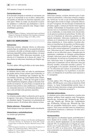 80     03.01.11.01. NORFLOXACINA


NES aumenta el riesgo de convulsiones.                                  03.01.11.02. CIPROFLOXACINA

Contraindicaciones                                                      Indicaciones
Se ha descripto artropatía en animales en crecimiento, por              Infecciones urinarias: excelente alternativa para el trata-
lo que no se recomienda su uso en niños y adolescentes;                 miento de pielonefritis e infecciones urinarias complica-
solo pueden ser indicadas en situaciones especiales y por               das, incluso por vía oral, ya que la buena biodisponibili-
corto plazo.1 Deben ser usadas con precaución en perso-                 dad asegura altos niveles en sangre, incluyendo infeccio-
nas epilépticas o condiciones que predisponen a convul-                 nes por P. aeruginosa. De elección para el tratamiento de
siones. Evitar excesiva exposición solar. Alergia o hiper-              prostatitis agudas y crónicas por bacilos Gram negativos
sensibilidad a quinolonas.                                              sensibles. Enfermedades de transmisión sexual: Primera
                                                                        elección oral en el tratamiento de infecciones gonocóci-
Bibliografía                                                            cas no complicadas, en zonas donde existe alta prevalen-
1. American Academy of Pediatrics. Antimicrobial Agents and Related     cia de gonococo productor de penicilinasa. No debe utili-
   Therapy. En: Pickering LK, Red Book of the Committee on Infectious
   Diseases. 25th. Ed. Elk Grove Village: AA P; 2000. p. 645-6.
                                                                        zarse en el tatamiento de infecciones genitales por Ch-
                                                                        lamydia trachomatis. Infecciones respiratorias: no debe
03.01.11.01. NORFLOXACINA                                               utilizarse en el tratamiento de las infecciones de las vias
                                                                        aéreas respiratorias en forma empírica. Excelente alter-
Indicaciones                                                            nativa en exacerbaciones de pacientes con fibrosis quísti-
Infecciones urinarias: altamente efectiva en infecciones                ca o bronquiectasias producidas por P. aeruginosa. Indi-
urinarias bajas no complicadas. Su uso generalizado gene-               cada en otitis externa maligna por P. aeruginosa en diabé-
ra resistencia, sólo debe ser utilizada cuando la resistencia           ticos. Infecciones de piel y partes blandas: sólo se reco-
bacteriana imposibilita utilizar antimicrobianos de menor               mienda su uso en infecciones graves, formando parte de
espectro (Ejemplo: TMS). Infecciones intestinales: es de                tratamientos combinados en etiologías polimicrobianas
elección en el tratamiento de la diarrea del viajero.1,2 Es             (Ejemplo: infecciones graves de pie diabético). Infeccio-
muy efectiva en infecciones intestinales por Shigella spp.              nes intestinales: de elección en el tratamiento de la shige-
                                                                        losis. Infecciones óseas: la ciprofloxacina es una buena
Dosis                                                                   opción para el tratamiento oral de infecciones óseas por
Vía Oral. adultos: 800 mg divididos en dos tomas diarias.               bacterias sensibles, incluyendo asociadas a prótesis.1 El
                                                                        uso prolongado se ha asociado a desarrollo de resisten-
Actividad antimicrobiana                                                cia.2 En infecciones por S.aureus se recomienda la com-
Es altamente efectiva sobre casi todas las enterobacterias              binación con rifampicina. Uso en profilaxis: es una alter-
que pueden afectar el tracto urinario como Escherichia co-              nativa a la rifampicina en la profilaxis post exposicion a
li, Klebsiella spp , Enterobacter spp, Citrobacter spp, Pro-            N. meningitidis.
teus mirabilis y Serratia spp. Como también frente a Salmo-
nella spp., Shigella spp., y Vibrio spp. Este agente es activo          Dosis
contra Pseudomonas aeruginosa, aunque es frecuente el de-               Vía Oral. adultos: 250 a 750 mg dos veces al día. Vía IV.
sarrollo de resistencia. Es activa frente a la mayoría de las           adultos: 200-400 mg dos veces al día en infusión de 30-60
bacterias Gram positivas como estafilococos y estreptoco-               minutos. La buena biodisponibilidad permite hacer el
cos, incluyendo enterococo. La Norfloxacina demuestra es-               cambio de terapia intravenosa a terapia oral en determina-
casa o nula actividad contra gérmenes anaerobios.                       das situaciones ("tratamiento secuencial").

Farmacocinética                                                         Actividad antimicrobiana
Los alimentos pueden reducir su absorción, por lo que de-               Es altamente activa contra enterobacterias y muchas otras
be ingerirse 1 hora antes o 2 horas después de las comidas              bacterias aeróbicas Gram negativas como P.aeruginosa,
con abundante líquido.3 En pacientes con aclaramiento de                Brucella spp., Aeromonas spp., Morganella spp., Salmo-
creatinina menor a 30 ml/minuto debe reducirse la dosis.                nella spp., Shigella spp., Yersinia spp., Campylobacter
                                                                        spp., H.influenzae, Neisseria spp., Moraxella spp. Tam-
Efectos adversos - Precauciones                                         bién son susceptibles Stafilococcus aureus y coagulasa
Puede entorpecer tareas que requieren mucha concentración.              negativo. Tiene escasa actividad contra los estreptococos,
                                                                        especialmente neumococo y enterococo. No tiene activi-
Interacciones y contraindicaciones                                      dad antianaeróbica.
Las mismas que quinolonas.
                                                                        Farmacocinética
Bibliografía                                                            Debe ingerirse con abundante líquido, preferiblemente 2
1. Passaro DJ, Parsonnet J, Advances in the Prevention and Management   horas después de las comidas. Luego de la administra-
   of Traveler’s Diarrhea. En: Remington JS, Swartz MN. Current         ción oral se absorbe rápidamente con una biodisponibi-
   Clinical Topics in Infectious Diseases. Blackwell Science;1998.      lidad del 70%. Es metabolizada en el hígado por conju-
   p.217.
                                                                        gación con el ácido glucurónico. Se elimina por orina
2. ASHP Therapeutic Guidelines on Antimicrobial Prophylaxis in
   Surgery. Am J Health-System Pharm. 1999;56:1839-88.                  con un 30 a 40% en su forma activa. Debe ajustarse la
3. Andriole VT. Current Infectious Disease drugs. 1st ed. Current       dosis en pacientes con aclaramiento de creatinina menor
   Medicine Ed.; 1996. p. 148-52.                                       a 50 ml/minuto.
 