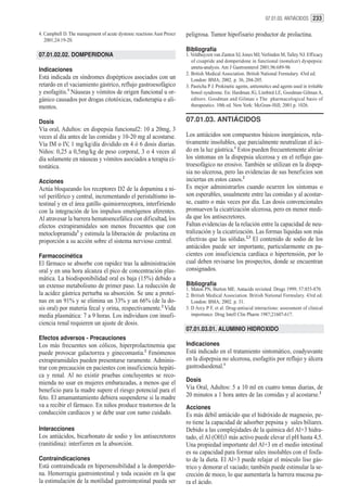 07.01.03. ANTIÁCIDOS 233

4. Campbell D. The management of acute dystonic reactions Aust Prescr   peligrosa. Tumor hipofisario productor de prolactina.
   2001;24:19-20.
                                                                        Bibliografía
07.01.02.02. DOMPERIDONA                                                1. Veldhuyzen van Zanten SJ, Jones MJ, Verlinden M, Talley NJ. Efficacy
                                                                           of cisapride and domperidone in functional (nonulcer) dyspepsia:
Indicaciones                                                               ameta-analysis. Am J Gastroenterol 2001;96:689-96
                                                                        2. British Medical Association. British National Formulary. 43rd ed.
Está indicada en síndromes dispépticos asociados con un                    London: BMA; 2002. p. 36, 204-205.
retardo en el vaciamiento gástrico, reflujo gastroesofágico             3. Pasricha P J. Prokinetic agents, antiemetics and agents used in irritable
y esofagitis.1 Náuseas y vómitos de origen funcional u or-                 bowel syndrome. En: Hardman JG, Limbird LE, Goodman Gilman A,
gánico causados por drogas citotóxicas, radioterapia o ali-                editors. Goodman and Gilman´s The pharmacological basis of
mentos.                                                                    therapeutics. 10th ed. New York: McGraw-Hill; 2001.p. 1026.


Dosis                                                                   07.01.03. ANTIÁCIDOS
Vía oral, Adultos: en dispepsia funcional2: 10 a 20mg, 3
veces al día antes de las comidas y 10-20 mg al acostarse.              Los antiácidos son compuestos básicos inorgánicos, rela-
Vía IM o IV, 1 mg/kg/día dividido en 4 ó 6 dosis diarias.               tivamente insolubles, que parcialmente neutralizan el áci-
Niños: 0,25 a 0,5mg/kg de peso corporal, 3 o 4 veces al                 do en la luz gástrica.1 Estos pueden frecuentemente aliviar
día solamente en náuseas y vómitos asociados a terapia ci-              los síntomas en la dispepsia ulcerosa y en el reflujo gas-
tostática.                                                              troesofágico no erosivo. También se utilizan en la dispep-
                                                                        sia no ulcerosa, pero las evidencias de sus beneficios son
Acciones                                                                inciertas en estos casos.2
Actúa bloqueando los receptores D2 de la dopamina a ni-                 Es mejor administrarlos cuando ocurren los síntomas o
vel periférico y central, incrementando el peristaltismo in-            son esperables, usualmente entre las comidas y al acostar-
testinal y en el área gatillo quimiorreceptora, interfiriendo           se, cuatro o más veces por día. Las dosis convencionales
con la integración de los impulsos emetógenos aferentes.                promueven la cicatrización ulcerosa, pero en menor medi-
Al atravesar la barrera hematoencefálica con dificultad, los            da que los antisecretores.
efectos extrapiramidales son menos frecuentes que con                   Faltan evidencias de la relación entre la capacidad de neu-
metoclopramida3 y estimula la liberación de prolactina en               tralización y la cicatrización. Las formas líquidas son más
proporción a su acción sobre el sistema nervioso central.               efectivas que las sólidas.2,3 El contenido de sodio de los
                                                                        antiácidos puede ser importante, particularmente en pa-
Farmacocinética                                                         cientes con insuficiencia cardíaca o hipertensión, por lo
El fármaco se absorbe con rapidez tras la administración                cual deben revisarse los prospectos, donde se encuentran
oral y en una hora alcanza el pico de concentración plas-               consignados.
mática. La biodisponibilidad oral es baja (15%) debido a
un extenso metabolismo de primer paso. La reducción de                  Bibliografía
                                                                        1. Maton PN, Burton ME. Antacids revisited. Drugs 1999; 57:855-870.
la acidez gástrica perturba su absorción. Se une a proteí-              2. British Medical Association. British National Formulary. 43rd ed.
nas en un 91% y se elimina un 33% y un 66% (de la do-                      London: BMA; 2002. p. 31.
sis oral) por materia fecal y orina, respectivamente.2 Vida             3. D Arcy P F, et al. Drug-antiacid interactions: assessment of clinical
media plasmática: 7 a 9 horas. Los individuos con insufi-                  importance. Drug Intell Clin Pharm 1987;21607-617.
ciencia renal requieren un ajuste de dosis.
                                                                        07.01.03.01. ALUMINIO HIDROXIDO
Efectos adversos - Precauciones
Los más frecuentes son cólicos, hiperprolactinemia que                  Indicaciones
puede provocar galactorrea y ginecomastia.2 Fenómenos                   Está indicado en el tratamiento sintomático, coadyuvante
extrapiramidales pueden presentarse raramente. Adminis-                 en la dispepsia no ulcerosa, esofagitis por reflujo y úlcera
trar con precaución en pacientes con insuficiencia hepáti-              gastroduodenal.1
ca y renal. Al no existir pruebas concluyentes se reco-
mienda no usar en mujeres embarazadas, a menos que el                   Dosis
beneficio para la madre supere el riesgo potencial para el              Vía Oral, Adultos: 5 a 10 ml en cuatro tomas diarias, de
feto. El amamantamiento debiera suspenderse si la madre                 20 minutos a 1 hora antes de las comidas y al acostarse.2
va a recibir el fármaco. En niños produce trastornos de la              Acciones
conducción cardíacos y se debe usar con sumo cuidado.                   Es más débil antiácido que el hidróxido de magnesio, pe-
                                                                        ro tiene la capacidad de adsorber pepsina y sales biliares.
Interacciones                                                           Debido a las complejidades de la química del Al+3 hidra-
Los antiácidos, bicarbonato de sodio y los antisecretores               tado, el Al (OH)3 más activo puede elevar el pH hasta 4,5.
(ranitidina): interfieren en la absorción.                              Una propiedad importante del Al+3 en el medio intestinal
                                                                        es su capacidad para formar sales insolubles con el fosfa-
Contraindicaciones                                                      to de la dieta. El Al+3 puede relajar el músculo liso gás-
Está contraindicada en hipersensibilidad a la domperido-                trico y demorar el vaciado; también puede estimular la se-
na. Hemorragia gastrointestinal y toda ocasión en la que                creción de moco, lo que aumentaría la barrera mucosa pa-
la estimulación de la motilidad gastrointestinal pueda ser              ra el ácido.
 