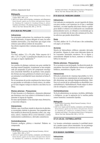 07.01.05.02. ESTIMULANTES 237


colónica, impactación fecal                                                    Goodman and Gilman´s The pharmacological basis of therapeutics.
                                                                               10th ed. New York: McGraw-Hill; 2001. p. 1037-58.
Bibliografía
1. British Medical Association. British National Formulary. 43rd ed.         07.01.05.01.03. VASELINA LIQUIDA
   London: BMA; 2002. p. 44.
2. Jafri S et al. Agents used for diarrhea, constipation, and inflammatory
                                                                             Indicaciones
   bowel disease; agents use for biliary and pancreatic disease.
   En: Hardman JG, Limbird LE, Goodman Gilman A, editors.                    Está indicada en constipación, sea por ingestión de dietas
   Goodman and Gilman´s The pharmacological basis of therapeutics.           con poco residuo o por trastornos en el tono y motilidad
   10th ed. New York: McGraw-Hill; 2001. p. 1037-58.                         intestinal, y en todas aquellas afecciones clínicas o quirúr-
                                                                             gicas donde el esfuerzo en la defecación sea considerado
07.01.05.01.02. PSYLLIUM                                                     potencialmente nocivo, no obstante se recomienda que su
                                                                             uso no se extienda más de una a dos semanas por los efec-
Indicaciones                                                                 tos adversos que pueden desarrollarse.
Sus principales indicaciones las constituyen las constipa-
ciones funcionales, el reposo obligado en cama, las enfer-                   Dosis
medades anorrectales, y las situaciones que exigen evitar                    Vía Oral, adultos: de 15 a 30 ml (una o dos cucharadas),
esfuerzos para defecar (infarto de miocardio).                               con jugos y al acostarse.
Sus efectos requieren días o semanas para ponerse de ma-
nifiesto.                                                                    Acciones
                                                                             Mezcla de hidrocarburos alifáticos saturados derivados
Dosis                                                                        del petróleo. Algunos la citan como lubricante dentro de
Vía Oral, adultos: 2,5 a 30 g/día. Niños mayores de 6                        los evacuantes intestinales mecánicos. No se digiere y
años: 1,25 a 15 g/día. La preparación disuelta en un vaso                    esencialmente ablanda las heces, aumenta su volumen y
con agua se ingiere rápidamente.1,2                                          lubrica la mucosa.1

Acciones                                                                     Efectos adversos - Precauciones
Las semillas de plántago contienen una gran cantidad de                      No se aconseja su uso prolongado. Su absorción puede de-
mucílago natural (Ispagula). Actualmente se han reempla-                     sencadenar reacciones inflamatorias crónicas en ganglios
zado por preparados en polvo del componente mucilagi-                        linfáticos, mesentéricos, hígado y bazo.
noso (muciloide hidrofílico de psyllium). Estos prepara-
dos forman una masa gelatinosa al contacto con el agua, y                    Interacciones
así estimulan la motilidad del tracto intestinal en forma fi-                Dificulta la absorción de vitaminas liposolubles (A, D, E,
siológica.                                                                   K); si se administra conjuntamente un anticoagulante, po-
Por su mecanismo de acción constituyen los únicos laxan-                     dría determinar una marcada hipoprotrombinemia. Inter-
tes que pueden ser utilizados en forma crónica, sin embar-                   fiere en la acción de las sulfonamidas no absorbibles (suc-
go no tiene ninguna ventaja en relación a una dieta rica en                  cinilsulfatiazol y ftalilsulfatiazol). Puede reducir la absor-
fibras.                                                                      ción de estrógenos y anticonceptivos orales.2

Efectos adversos - Precauciones                                              Contraindicaciones
El más frecuente es la flatulencia y distensión abdominal                    No ha de administrarse en ancianos, inválidos, debilitados
que disminuye con el uso crónico o al disminuir la dosis o                   o disfágicos, ya que la aspiración de la vaselina podría
aumentar la ingesta de líquidos.                                             causar neumonía o neumonitis lipoidea.
En raras oportunidades se han descripto masa obstructiva,
y reacciones alérgicas.                                                      Bibliografía
                                                                             1. British Medical Association. British National Formulary. 43rd ed.
                                                                                London: BMA; 2002. p. 54.
Interacciones                                                                2. Jafri S et al. Agents used for diarrhea, constipation, and inflammatory
Debido a que el psyllium retarda la absorción de glúcidos,                      bowel disease; agents use for biliary and pancreatic disease.
se recomienda controlar la glucemia. Este preparado tam-                        En: Hardman JG, Limbird LE, Goodman Gilman A, editors.
bién modifica la absorción de minerales (cobre, cinc, mag-                      Goodman and Gilman´s The pharmacological basis of therapeutics.
nesio, calcio), vitaminas (B12) a nivel intestinal y ciertos                    10th ed. New York: McGraw-Hill; 2001. p. 1037-58.
medicamentos (cardiotónicos y derivados cumarínicos).
                                                                             07.01.05.02. ESTIMULANTES
Contraindicaciones
Estenosis esofágica, pilórica o intestinal. Diabetes no                      Los laxantes estimulantes aumentan la motilidad intesti-
compensada.                                                                  nal y pueden causar cólicos intestinales. Su uso prolonga-
                                                                             do puede precipitar el comienzo de un colon atónico.
Bibliografía
1. British Medical Association. British National Formulary. 43rd ed.
   London: BMA; 2002. p. 50-57.                                              07.01.05.02.01. GLICERINA
2. Jafri S et al. Agents used for diarrhea, constipation, and inflammatory
   bowel disease; agents use for biliary and pancreatic disease.             Indicaciones
   En: Hardman JG, Limbird LE, Goodman Gilman A, editors.                    Constipación.
 