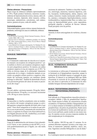 292 09.05. HORMONAS SEXUALES MASCULINAS

Efectos adversos - Precauciones                                           carcinoma de endometrio. También se describen: bochor-
Mayor riesgo de embarazos múltiples (aproximadamente                      nos, metrorragia, amenorrea, trastornos digestivos, cefa-
el 10%). Puede producir bochornos, trastornos visuales,                   lea, leucopenia, trombocitopenia, edema, alopecia, rash
síndrome de hiperestimulación ovárica, náuseas, dolor ab-                 cutáneo, trastornos visuales (incluyendo cambios cornea-
dominal, insomnio, depresión, dolor mamario, cefalea,                     les, cataratas y retinopatía), hipertrigliceridemia, eventos
menorragia, endometriosis, convulsiones, rash cutáneo,                    tromboembólicos, hepatotoxicidad. Rara vez induce reac-
mareos, ganancia de peso, caída del cabello.                              ciones de hipersensibilidad graves, como angioedema,
                                                                          penfigoide ampollar y sindrome de Stevens- Johnson.
Contraindicaciones                                                        Puede precipitar crisis de porfiria.
Enfermedad hepática, quistes ováricos, tumores hormono-de-
pendientes, metrorragia de causa no establecida, embarazo.                Interacciones
                                                                          Aumenta el efecto anticoagulante de warfarina y dicuma-
Bibliografía                                                              rol.
1. British Medical Association. British National Formulary. 42nd ed.
   London: BMA; 2001. p. 358.
2. Chrousos GP et al. Hormonas e inhibidores gonadales. En: Katzung       Contraindicaciones
   BG, editor. Farmacología básica y clínica. 8va ed. México: Manual      Embarazo.
   Moderno; 2002. p. 787-8.
3. Loose-Mitchell et al. Estrogens and progestins. En: Hardman JG, Lim-   Bibliografía
   bird LE, Goodman Gilman A, editors. Goodman and Gilman´s The           1. Loose-Mitchell et al. Estrogens and progestins. En: Hardman JG, Lim-
   pharmacological basis of therapeutics. 10th ed. New York: McGraw-         bird LE, Goodman Gilman A, editors. Goodman and Gilman´s The
   Hill; 2001. p. 1613-6.                                                    pharmacological basis of therapeutics. 10th ed. New York: McGraw-
                                                                             Hill; 2001. p. 1613-6.
                                                                          2. British Medical Association. British National Formulary. 43nd ed.
09.04.02.02. TAMOXIFENO
                                                                             London: BMA; 2002. p. 430-1.
                                                                          3. Fisher B et al. Tamoxifen for prevention of breast cancer: report of the
Indicaciones                                                                 National Surgical Adjuvant Breast and Bowel Project P-1 Study. J Natl
Es el tratamiento coadyuvante de elección en el carcino-                     Cancer Inst 1998;90:1371-88
ma mamario con receptores de estrógenos positivos 2, pe-
ro también es efectivo con receptores estrogénicos negati-                09.05. HORMONAS SEXUALES
vos pero progestínicos positivos. En tumores con ambos                           MASCULINAS
receptores negativos la tasa de respuesta cae al 10%.1 Se
utiliza en diversas etapas de la enfermedad: tratamiento                  La testosterona se utiliza para el tratamiento de reempla-
coadyuvante de la cirugía e irradiación mamaria en pa-                    zo hormonal en el hipogonadismo masculino, aunque la
cientes con ganglios axilares positivos o negativos; trata-               restitución de la fertilidad requiere el agregado de gona-
miento del carcinoma mamario con metástasis (donde                        dotrofinas. El danazol es un andrógeno débil que inhibe
prolonga la sobrevida)2. También ha demostrado eficacia                   eficazmente la secreción de las gonadotrofinas endóge-
en la prevención primaria del cáncer de mama en pacien-                   nas; este efecto se aprovecha en el tratamiento de enfer-
tes de alto riesgo.3                                                      medades benignas hormono-dependientes de la mujer.

Dosis                                                                     09.05.01. TESTOSTERONA (ENANTATO) Y
Vía oral, adultos: carcinoma mamario: 20 mg/día. Inferti-                           TESTOSTERONA (PROPIONATO)
lidad anovulatoria: 20 mg/día, si es necesario incrementar
a 40 o 80 mg en cursos sucesivos.                                         Indicaciones
                                                                          Está indicada en el hipogonadismo masculino primario o
Acciones                                                                  secundario (debido a falta de gonadotrofinas hipofisa-
El tamoxifeno se clasifica actualmente como un modula-                    rias). Puede mejorar la líbido, las características sexuales
dor selectivo del receptor estrogénicoo porque su activi-                 secundarias y la impotencia debidas a hipogonadismo, pe-
dad agonista o antagonista depende del tejido sobre el que                ro si se desea restaurar la fertilidad es preferible el uso de
actúa1. Tiene efecto antagonista en la mama (lo que justi-                gonadotrofinas o de pulsos de gonadorelina. Puede usarse
fica su uso en prevención y tratamiento del carcinoma ma-                 en el retraso de la pubertad en varones, pero dado que ace-
mario) y es agonista en el hueso (con efecto antiresortivo),              lera el cierre epifisario, puede resultar en una menor esta-
en el hígado (descenso de LDL, trombofilia) y en el endo-                 tura. En anemias severas con poca respuesta medular, ha
metrio (proliferación endometrial).                                       sido reemplazada por la eritropoyetina.

Farmacocinética                                                           Dosis
Luego de la administración oral alcanza el pico plasmáti-                 Vía IM, adultos: 100-250 mg cada 2-3 semanas. Se en-
co en 5 horas; se une a proteínas en más del 98% y se ex-                 cuentran diferentes esquemas cercanos a este rango, con-
creta predominantemente por el hígado, con vida media                     forme al tratamiento: pubertad, anabólico, cáncer, ane-
de 4-11 días.                                                             mias. Sugerimos consultar bibliografía en caso de dudas.1

Efectos adversos - Precauciones                                           Acciones
Produce hiperplasia endometrial y aumenta el riesgo de                    Es el andrógeno natural secretado por las células intersti-
 
