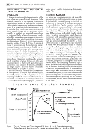 432 BASES PARA EL USO RACIONAL DE LOS QUIMIOTERAPICOS


BASES PARA EL USO RACIONAL DE                                  al sitio, género y edad, los siguientes procedimientos (Ver
LOS QUIMIOTERAPICOS                                            cuadro nº 1)

INTRODUCCION                                                   1- FACTORES TUMORALES
El cáncer es el crecimiento ilimitado de una clase celular     Los tumores que crecen rápidamente son más susceptibles
cuyas células son capaces de invadir localmente y/o dar        a la quimioterapia. Un determinante importante del tiempo
metástasis a distancia. En toda neoplasia, el conjunto de      de duplicación del volumen del tumor es su fracción de cre-
los mecanismos celulares de multiplicación, crecimiento        cimiento, esto es, el porcentaje de células que se encuentran
y diferenciación está perturbado debido a una pérdida del      en proceso de división. Aquellas neoplasias con alta frac-
control de la expresión genómica; esto conduce, a partir       ción de crecimiento son más sensibles a los quimioterápi-
de una única célula transformada, a un proceso de creci-       cos, como sucede con las leucemias, el coriocarcinoma y
miento tumoral. Aunque aún se desconocen aspectos              algunos linfomas. Del mismo modo, algunos tejidos nor-
esenciales de la etiología y la patogenia de las neoplasias,   males del huésped como son la médula ósea, los folículos
en los últimos 50 años se han realizado avances conside-       pilosos y el epitelio intestinal, tienen una alta fracción de
rables. Hoy, varios cánceres pueden curarse con agentes        crecimiento y por lo tanto también pueden sufrir las conse-
antineoplásicos como único tratamiento o en combinación        cuencias de los efectos citotóxicos de los antineoplásicos,
con otros métodos. Ellos son el coriocarcinoma, algunas        hecho que generalmente limita la dosis de ellos. La muerte
leucemias agudas, el tumor de Wilms, el sarcoma de             celular inducida por los quimioterápicos sigue una cinética
Ewing, el rabdomiosarcoma, el retinoblastoma, la enfer-        de primer orden. Esto significa que muere un porcentaje
medad de Hodgkin, varios linfomas no Hodgkin y el car-         constante de células tumorales y no un número constante de
cinoma testicular. Sin embargo, varios tumores prevalen-       ellas. Este concepto es fundamental, por ejemplo en un pa-
tes como el cáncer de pulmón, cáncer de colon y otras          ciente con leucemia linfocítica aguda avanzada puede con-
neoplasias malignas de crecimiento lento responden de          tener 1012 celulas malignas o aproximadamente 1kg de
manera pobre a las drogas antineoplásicas. Para intentar       masa tumoral. Una droga capaz de matar el 99,99% de las
un uso racional de los agentes quimioterapéuticos, es ne-      células reduciría la masa tumoral a 100 mg, lo que daría una
cesario abordar el tratamiento considerando las caracterís-    remisión clínica aparente. En realidad, quedarían 108 celu-
ticas de la neoplasia específica, del huésped y de los agen-   las malignas, cualquiera de las cuales podría causar una re-
tes antineoplásicos. El objetivo de la quimioterapia anti-     currencia. Como consecuencia surge el intento de lograr la
neoplásica es lograr la curación de la enfermedad median-      muerte celular total usando varios agentes simultáneamen-
te el ataque selectivo a las células malignas sin dañar las    te o en secuencias racionales, ya que la persistencia de só-
células normales de los tejidos del huésped.                   lo una célula maligna implica riesgo de morbimortalidad
El pronóstico actual del cáncer ha variado notablemente        para el huésped. Otro intento en este sentido, lo constituye
en forma positiva a su curación, mejor pronóstico y cali-      la remoción quirúrgica o por radiación de masas tumorales
dad de vida, siempre y cuando el diagnóstico sea lo más        grandes con la esperanza de que las células malignas rema-
temprano posible. De allí la importancia de los estudios de    nentes entren en proceso de división y sean más sensibles a
prevención, especialmente en los tumores más frecuentes.       la quimioterapia posterior. Esto se denomina reclutamien-
La Sociedad Americana de Cáncer propone 4, de acuerdo          to. (ver figura 1).

          C r e c i m i e n t o                          C e l u l a r                T u m o r a l
 FIGURA 1                                  Muerte
                                           1 Kg de masa tunoral                                   Plateau

      Enfer. Incapacidad
                                                                               Reducción del tamaño necesario
              Diag. Posible                                    Masa
                                                                               1-Cirugía
                                                               1 cm
                                                                               2-Irradiación
                                                                               3-Quimioterapia múltiple


   Tumor no Detectable
                                                 Fase de crecimiento
                                                 Logaritmico-lineal                                 Inmunoterapia
                                                                                                    Es fundamental


                                                                         Tiempo

Figura 1. Cancer Tratment and Chemotherapy. EN: Dipiro, J …et.al. Pharmacotherapy: A
          Pathophysiologic Approach. 4a Ed. London: Appleton and Lange, 1999. Pag. 1961.
 