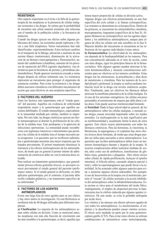 BASES PARA EL USO RACIONAL DE LOS QUIMIOTERAPICOS 433


RESISTENCIA                                                       tienen mayor proporción de células en división activa.
Otro aspecto importante en el éxito o la falla de la quimio-      Algunas drogas son efectivas primariamente en una fase
terapia de las neoplasias es la presencia de células malig-       específica del ciclo celular y se llaman cicloespecíficas.
nas resistentes a las drogas. Se estima que la probabilidad       Las restantes se denominan no cicloespecíficas. Dentro de
de encontrar una célula tumoral resistente está relaciona         las primeras, se encuentran los antimetabolitos citarabina,
con el tamaño de la población celular y la frecuencia de          mercaptopurina, tioguanina (específicos de la fase S). Al-
mutación.                                                         gunos fármacos no cicloespecíficos son los agentes alqui-
Cuando las drogas ejercen sus efectos sobre algunas po-           lantes y los antibióticos antineoplásicos, aunque para al-
blaciones del tumor, las resistentes puede replicarse y lle-      gunos de ellos las células son más sensibles en la fase S.
var a una falla terapéutica. Varios mecanismos han sido           Mayores detalles del mecanismo se encuentran en las re-
identificados experimentalmente. Estos incluyen cambios           ferencias de los agentes individuales (véase antes).
en el transporte de la 0droga; alteración o aumento de una        b) Farmacocinética: La efectividad de los antineoplási-
enzima blanco (metotrexato); disminución de la activa-            cos depende de la biodisponibilidad en los tumores. Para
ción de un fármaco (mercaptopurina y fluorouracilo); au-          una concentración adecuada en el sitio de acción, como
mento del catabolismo (citarabina), aumento de los proce-         con otras drogas, rigen los principios básicos de la farma-
sos de reparación del DNA (agentes alquilantes), vías al-         cocinética. Sólo algunos agentes pueden atravesar la ba-
ternativas para la biosíntesis de purinas y pirimidinas (an-      rrera hematoencefálica y alcanzar concentraciones sufi-
timetabolitos). Puede aparecer resistencia cruzada a varias       cientes para ser efectivas en los tumores cerebrales. Estas
drogas después de utilizar solamente una. La resistencia          drogas son las nitrosoureas, la procarbazina y altas dosis
representa un mecanismo para proteger el organismo de             de metotrexato y citarabina. Para los tumores de la cavi-
sustancias extrañas. Para evitar la resistencia a las drogas      dad pleural y peritoneal, la terapia se realiza mediante ins-
deben asociarse citostáticos con diferentes mecanismos de         tilación local de la droga con niveles sistémicos acepta-
acción que sean efectivos en una neoplasia específica.            bles. Finalmente, para ser efectivos los fármacos deben
                                                                  atravesar la membrana plasmática de la célula maligna. En
2- FACTORES DEL HUÉSPED                                           el caso de los sarcomas osteogénicos, las células son poco
Entre los factores más importantes está el “estado gene-          permeables al metotrexato de manera que debe darse a al-
ral” del paciente. Aquéllos sin evidencia de enfermedad           tas dosis. Esto puede acarrear mielotoxicidad limitante.
responderán mejor a la quimioterapia que aquéllos pa-             c) Toxicidad: Dada la baja selectividad en general, de los
cientes debilitados. El estado inmunológico, especialmen-         antineoplásicos sobre las células malignas, a menudo es-
te la inmunidad mediada por células, también es impor-            tas drogas causan toxicidad importante sobre los tejidos
tante. Por otro lado, las drogas citotóxicas ejercen un efec-     normales. La mielosupresión es la más significativa por
to inmunosupresor al detener la proliferación de las célu-        su morbimortalidad y usualmente limita la dosis de estos
las de la médula ósea. Esto predispone a la aparición de          agentes. Este efecto ocurre prácticamente con todos los
infecciones oportunistas. La inmunidad puede reestable-           fármacos citotóxicos. Para las hormonas, la vincristina, la
cerse con régimenes intensivos e intermitentes que permi-         bleomicina, la asparaginasa y el cisplatino hay otros efec-
tan a las células de la médula ósea el tiempo necesario pa-       tos tóxicos dosis limitante, de modo que estas drogas pue-
ra recuperarse. Los pacientes que no recibieron radiotera-        den ser útiles para asociarlas a otros antineoplásicos. Los
pia o quimioterapia muestran una mejor respuesta que los          pacientes que reciben antineoplásicos deben tener un mo-
tratados previamente. El primer tratamiento disminuye la          nitoreo hematológico durante y después de la terapia. Si
tolerancia a los efectos mielosupresores de los antineoplá-       ocurren complicaciones deben realizarse medidas de sos-
sicos, de modo que en general el primer intento de admi-          tén, tales como uso de antibióticos, transfusiones de gló-
nistración de citotóxicos debe ser con la máxima dosis to-        bulos rojos, granulocitos o plaquetas. Otro efecto tóxico
lerable.                                                          sobre células de rápida proliferación, incluyen el epitelio
Para realizar un tratamiento quimioterápico, que general-         intestinal, el folículo piloso, causando alopecia parcial o
mente provoca efectos generales tóxicos, es necesario co-         total y sobre la espermatogénesis que puede llevar a la es-
nocer previamente el estado general del paciente (perfo-          terilidad. Se ha avanzado sobre algunos aspectos para evi-
mance status). Si el estado general es deficiente, no debe        tar o aminorar algunos efectos indeseables. Por ejemplo,
aplicarse quimioterapia, por el contrario, el paciente debe       el uso de leucovorina en la terapia con el metotrexato, per-
recibir cuidados paliativos, y no tratamiento específico de       mite el “rescate” de células normales a la acción inhibido-
su enfermedad . 5                                                 ra del antineoplásico sobre la dihidrofolatorreductasa. Es-
                                                                  ta enzima es clave para el metabolismo del ácido fólico.
3- FACTORES DE LOS AGENTES                                        Análogamente, el empleo de alopurinol previene la hipe-
   ANTINEOPLÁSICOS                                                ruricemia tras la citólisis inducida por algunos agentes ci-
Existe una larga lista de estos agentes para su uso clínico       totóxicos. De este modo, se evita la probable nefropatía
y hay otros tantos en investigación. En esta Referencia se        por ácido úrico.
reseñaron más de 40 drogas utilizadas para diferentes neo-        Los vómitos y las náuseas son efectos adversos agudos de
plasias.                                                          casi todos los antineoplásicos. La mecloretamina, el cis-
a) Clasificación: La mayoría de los antineoplásicos ac-           platino y la dacarbazina pueden causar vómitos severos.
túan sobre células en división. Como se mencionó antes,           El efecto sería mediado en parte por la zona quimiorre-
las neoplasias con más alta fracción de crecimiento son           ceptora gatillo (CTZ). Para evitar estos efectos se utilizan
las más sensibles a la quimioterapia, es decir, aquellas que      combinaciones de antieméticos como metoclopramida,
 