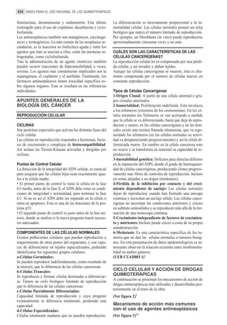 434 BASES PARA EL USO RACIONAL DE LOS QUIMIOTERAPICOS

fenotiazinas, dexametasona y ondansetrón. Este último          La diferenciación es inversamente proporcional a la in-
restringido para el uso de cisplatino, dacarbazina y ciclo-    mortalidad celular. Las células normales poseen un reloj
fosfamida.                                                     biológico que marca el número limitado de reproducción.
Los antineoplásicos también son mutagénicos, carcinogé-        Por ejemplo, un fibroblasto (in vitro) puede reproducirse
nicos y teratogénicos. La más común de las neoplasias se-      aproximadamente cincuenta veces y no más.
cundarias, es la leucemia no linfocítica aguda y entre los
agentes que más se asocian a ellas, están las mostazas ni-     CUÁLES SON LAS CARACTERÍSTICAS DE LAS
trogenadas, como ciclofosfamida.                               CÉLULAS CANCERÍGENAS?
Tras la administración de un agente citotóxico también         La reproducción celular no es compensada por una pérdi-
pueden ocurrir reacciones de hipersensibilidad, a veces,       da celular, y así invaden y dañan tejidos.
severas. Los agentes más comúnmente implicados son la          Aunque las células cancerígenas se mueren, ésta es alta-
asparaginasa, el cisplatino y el melfalán. Finalmente, los     mente compensada por el número de células nuevas en
fármacos antineoplásicos tienen toxicidad específica so-       constante reproducción.
bre algunos órganos. Esto se reseñará en las referencias
individuales.                                                  Tipos de Células Cancerígenas
                                                               1-Origen Clonal: A partir de una célula anormal o gru-
APUNTES GENERALES DE LA                                        pos clonales anormales.
BIOLOGÍA DEL CÁNCER                                            2-Inmortalidad: Proliferación indefinida. Esta involucra
                                                               a los telómeros (extremos de los cromosomas). En las cé-
REPRODUCCIÓN CELULAR                                           lulas normales los Telómeros se van acortando a medida
                                                               que la célula se va diferenciando, hasta que deja de repro-
CICLINAS                                                       ducirse y muere, en las células cancerígenas y en las tron-
Son proteínas especiales que activan las distintas fases del   cales existe una enzima llamada telomerasa, que va rege-
ciclo celular.                                                 nerando los telómeros (en las células normales su activi-
Las células en reproducción responden a hormonas, facto-       dad va desapareciendo progresivamente) y así la célula di-
res de crecimiento y complejos de histocompatibilidad.         ferenciada muere. En cambio en la célula cancerosa esto
Así actúan las Tirosin-Kinasas activadas y dirigidas por       no ocurre y se transforma en inmortal su capacidad de re-
ciclinas.                                                      producción.
                                                               3-Inestabilidad genética: Defectos para detectar defectos
Puntos de Control Celular                                      en la reparación del ADN, donde el grado de heterogenei-
La detección de la integridad del ADN celular, es esencial     dad de células cancerígenas, produciendo clones progresi-
para asegurar que las células hijas sean exactamente igua-     vamente mas libres de controles de reproducción. Incluso
les a la célula madre.                                         en zonas alejadas a su origen (metástasis).
• El primer punto de control lo tiene la célula en la fase     4-Pérdida de la inhibición por contacto y del creci-
G1-tardía, antes de la fase S, el ADN debe estar en condi-     miento dependiente de anclaje: Las células normales
ciones de integridad y normalidad, para terminar la fase       dejan de reproducirse cuando han formado una unicapa
G1. Si no es así el ADN debe ser reparado en la célula o       continua y necesitan un anclaje sólido. Las células cance-
entra en apoptosis. Esta es una de las funciones de la pro-    rigenas no necesitan las condiciones anteriores y crecen
teina p53.                                                     en subtrato semisólidos y se reproducen más allá de la for-
• El segundo punto de control es justo antes de la fase mi-    mación de una monocapa continua.
tosis, donde se analiza si la nueva progenia traerá suceso-    5-Crecimiento independiente de factores de crecimien-
res adecuados.                                                 to y nutrientes: Incluso puede crecer a costa de su propia
                                                               autodestrucción.
COMPONENTES DE LAS CÉLULAS NORMALES                            6-Metástasis: Es una característica específica de los tu-
Existen poblaciones celulares que pueden reproducirse a        mores que no dan las células normales o tumores benig-
requerimiento de otras partes del organismo, y son capa-       nos. En esta presentación de datos epidemiológicos es in-
ces de diferenciarse en tejidos especializados, pudiendo       teresante observar la relación existente entre morbimorta-
identificarse los siguientes grupos celulares.                 lidad en ambos géneros.
a-Células Germinales:                                          (VER CUADRO 1)1
Se pueden reproducir indefinidamente, como resultado de
la meiosis, que lo diferencia de las células cancerosas.
b-Células Truncales:                                           CICLO CELULAR Y ACCIÓN DE DROGAS
Se reproducen y forman células destinadas a diferenciar-       QUIMIOTERÁPICAS
se. Tienen un ciclo biológico limitado de reproducción         A continuación se presentan los mecanismos de acción de
que lo diferencia de las células cancerosas.                   drogas antineoplásicas más utilizadas y desarrolladas pos-
c-Células Parcialmente Diferenciadas:                          teriormente en el texto de la obra.
Capacidad limitada de reproducción y cuya progenie             (Ver figura 2)2
eventualmente se diferencia totalmente, perdiendo esta
capacidad.                                                     Mecanismos de acción más comunes
d-Células Especializadas:                                      con el uso de agentes antineoplásicos
Células totalmente maduras que no pueden reproducirse.         (Ver figura 3)2,3
 