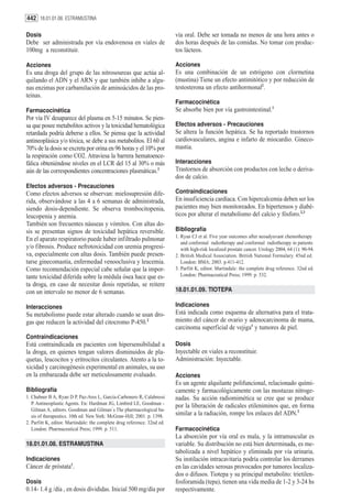 442 18.01.01.08. ESTRAMUSTINA

Dosis                                                                     vía oral. Debe ser tomada no menos de una hora antes o
Debe ser administrada por vía endovenosa en viales de                     dos horas después de las comidas. No tomar con produc-
100mg a reconstituir.                                                     tos lácteos.

Acciones                                                                  Acciones
Es una droga del grupo de las nitrosoureas que actúa al-                  Es una combinación de un estrógeno con clormetina
quilando el ADN y el ARN y que también inhibe a algu-                     (mustina) Tiene un efecto antimitótico y por reducción de
nas enzimas por carbamilación de aminoácidos de las pro-                  testosterona un efecto antihormonal2.
teínas.
                                                                          Farmacocinética
Farmacocinética                                                           Se absorbe bien por vía gastrointestinal.1
Por vía IV desaparece del plasma en 5-15 minutos. Se pien-
sa que posee metabolitos activos y la toxicidad hematológica              Efectos adversos - Precauciones
retardada podría deberse a ellos. Se piensa que la actividad              Se altera la función hepática. Se ha reportado trastornos
antineoplásica y/o tóxica, se debe a sus metabolitos. El 60 al            cardiovasculares, angina e infarto de miocardio. Gineco-
70% de la dosis se excreta por orina en 96 horas y el 10% por             mastia.
la respiración como CO2. Atraviesa la barrera hematoence-
fálica obteniéndose niveles en el LCR del 15 al 30% o más                 Interacciones
aún de las correspondientes concentraciones plasmáticas.2                 Trastornos de absorción con productos con leche o deriva-
                                                                          dos de calcio.
Efectos adversos - Precauciones
Como efectos adversos se observan: mielosupresión dife-                   Contraindicaciones
rida, observándose a las 4 a 6 semanas de administrada,                   En insuficiencia cardíaca. Con hipercalcemia deben ser los
siendo dosis-dependiente. Se observa trombocitopenia,                     pacientes muy bien monitoreados. En hipertensos y diabé-
leucopenia y anemia.                                                      ticos por alterar el metabolismo del calcio y fósforo.2,3
También son frecuentes náuseas y vómitos. Con altas do-
sis se presentan signos de toxicidad hepática reversible.                 Bibliografía
                                                                          1. Ryan CJ et al. Five year outcomes after neoadyuvant chemotherapy
En el aparato respiratorio puede haber infiltrado pulmonar
                                                                             and conformal radiotherapy and conformal radiotherapy in patients
y/o fibrosis. Produce nefrotoxicidad con uremia progresi-                    with high-risk localized prostate cancer. Urology 2004, 64 (1): 90-94.
va, especialmente con altas dosis. También puede presen-                  2. British Medical Association. British National Formulary. 45nd ed.
tarse ginecomastia, enfermedad venooclusiva y leucemia.                      London: BMA; 2003. p.411-412.
Como recomendación especial cabe señalar que la impor-                    3. Parfitt K, editor. Martindale: the complete drug reference. 32nd ed.
tante toxicidad diferida sobre la médula ósea hace que es-                   London: Pharmaceutical Press; 1999. p. 532.
ta droga, en caso de necesitar dosis repetidas, se reitere
con un intervalo no menor de 6 semanas.                                   18.01.01.09. TIOTEPA

Interacciones                                                             Indicaciones
Su metabolismo puede estar alterado cuando se usan dro-                   Está indicada como esquema de alternativa para el trata-
gas que reducen la actividad del citocromo P-450.2                        miento del cáncer de ovario y adenocarcinoma de mama,
                                                                          carcinoma superficial de vejiga1 y tumores de piel.
Contraindicaciones
Está contraindicada en pacientes con hipersensibilidad a                  Dosis
la droga, en quienes tengan valores disminuidos de pla-                   Inyectable en viales a reconstituir.
quetas, leucocitos y eritrocitos circulantes. Atento a la to-             Administración: Inyectable.
xicidad y carcinogénesis experimental en animales, su uso
en la embarazada debe ser meticulosamente evaluado.                       Acciones
                                                                          Es un agente alquilante polifuncional, relacionado quími-
Bibliografía                                                              camente y farmacológicamente con las mostazas nitroge-
1. Chabner B A, Ryan D P, Paz-Ares L, García-Carbonero R, Calabressi      nadas. Su acción radiomimética se cree que se produce
   P. Antineoplastic Agents. En: Hardman JG, Limbird LE, Goodman -        por la liberación de radicales etileniminos que, en forma
   Gilman A, editors. Goodman and Gilman´s The pharmacological ba-
   sis of therapeutics. 10th ed. New York: McGraw-Hill; 2001. p. 1398.    similar a la radiación, rompe los enlaces del ADN.2
2. Parfitt K, editor. Martindale: the complete drug reference. 32nd ed.
   London: Pharmaceutical Press; 1999. p. 511.                            Farmacocinética
                                                                          La absorción por vía oral es mala, y la intramuscular es
18.01.01.08. ESTRAMUSTINA                                                 variable. Su distribución no está bien determinada, es me-
                                                                          tabolizada a nivel hepático y eliminada por vía urinaria.
Indicaciones                                                              Su instilación intracavitaria podría controlar los derrames
Cáncer de próstata1.                                                      en las cavidades serosas provocados por tumores localiza-
                                                                          dos o difusos. Tiotepa y su principal metabolito: trietilen-
Dosis                                                                     fosforamida (tepa), tienen una vida media de 1-2 y 3-24 hs
0.14- 1.4 g /día , en dosis divididas. Inicial 500 mg/día por             respectivamente.
 