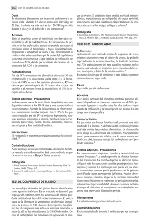 456 18.01.05. COMPUESTOS DE PLATINO

Dosis                                                                   cer de ovario. El cisplatino tiene amplia actividad antineo-
Se administra diariamente por inyección endovenosa o in-                plásica, especialmente en malignidad de origen epitelial,
fusión lenta , durante 3-5 días en ciclos con intervalos de             con especial actividad curativa en cáncer testicular, de ova-
21 días. La dosis por viía oral es de 120-240 mg/m2/día                 rio, cabeza y cuello, vejiga, esófago y pulmón.1
durante 5 días y es el doble de la vía intravenosa1.
                                                                        Bibliografía
Acciones                                                                1. Goodman and Gilman’s. The Pharmacological Basis of Therapeutics.
Tanto el etopósido como el tenipósido son derivados se-                    9nd. Ed. Mc Grow-Hill. J.Hardmann and LE Limbird. 1996, pág.1269.
misintéticos de la podofilotoxina. El mecanismo de ac-
ción no se ha esclarecido, aunque se postula que tanto el               18.01.05.01. CARBOPLATINO
etopósido como el tenipósido a bajas concentraciones,
bloquearían o detendrían la fase S o G2. Posiblemente la                Indicaciones
citotoxicidad estaría mediada por la unión del etopósido a              Actualmente está indicado dentro de esquemas de trata-
la enzima topoisomerasa II que cataliza la replicación de               mientos alternativos para el cáncer de ovario, de pulmón
las cadenas ADN, dando por resultado alteraciones de la                 especialmente de celulas pequeñas, de testículo (semino-
estructura del ADN y la cromatina.                                      ma).1 Es especialmente útil para aquellos pacientes en los
                                                                        cuales está indicado el cisplatino pero presentan daño re-
Farmacocinética                                                         nal, neuropatía y daño de la función auditiva.1
Por vía IV la concentración plasmática pico es de 30 mi-                Es menos tóxico que el cisplatino y más médulo supresor
crogramos/ml y la vida media oscila entre 3 y 12 horas.                 Administración: inyectable.
Cerca del 94% se une a las proteínas plasmáticas, 45% se
excreta por orina después de 72 horas, dos tercios sin                  Dosis
cambios y el resto en forma de metabolitos; el 15% se re-               Inyectable por vía endovenosa
cupera en las heces.
                                                                        Acciones
Efectos adversos - Precauciones                                         Es el único derivado del cisplatino aprobado para uso clí-
La leucopenia marca la dosis límite terapéutica con una                 nico. Al igual que su precursor, reacciona con el ADN ge-
depresión máxima a los 10-14 días y una recuperación a                  nerando ligaduras cruzadas entre las dos cadenas impi-
las tres semanas. Además de la leucopenia, se observa me-               diendo la replicación y la transcripción del mismo. Es una
nos comúnmente, trombocitopenia. En el 15% de los pa-                   droga no ciclo-específica.
cientes tratados por vía IV se producen hipotensión, náu-
seas, vómitos, estomatitis y diarrea. También puede verse:              Farmacocinética
alopecia (reversible), fiebre, flebitis, dermatitis, reaccio-           En pacientes con buena función renal, presenta una vida
nes alérgicas y leve toxicidad hepática.                                media de 2 a 3 horas. A diferencia del cisplatino presenta
                                                                        una baja unión a las proteínas plasmáticas. La eliminación
Interacciones                                                           de la droga es, a diferencia del cisplatino, principalmente
El verapamilo y metotrexato pueden aumentar la citotoxi-                renal, pero sin secreción tubular, por lo que es menos ne-
cidad.1,2                                                               frotóxico. Así, la mayor ventaja del carboplatino es el per-
                                                                        fil de toxicidad.2
Contraindicaciones
No se aconseja su uso en embarazadas, disfunción hepáti-                Efectos adversos - Precauciones
ca o renal y en mielosupresión. Está contraindicada en pa-              En contraste con el cisplatino, la nefro y ototoxicidad son
cientes con varicela o Herpes Zoster en curso.                          menos frecuentes.2 La mielosupresión es el factor limitan-
                                                                        te del tratamiento. La trombocitopenia es el efecto hema-
Bibliografía                                                            tológico más frecuente pero también puede producir leu-
1. British National Association. British National Formulary. 47nd Ed.
   London, BMA 2004 p. 417                                              copenia y anemia. La mielosupresión puede ser por efec-
2. Casciato D and Lowitz B.. Oncología Clínica. 4a Ed. Marban, 2001.    to acumulativo aunque puede producirse con la primera
   Pag 81.                                                              dosis.Puede causar azoospermia definitiva. Pueden obser-
                                                                        varse náuseas, vómitos, alopecia de mediana intensidad
18.01.05. COMPUESTOS DE PLATINO                                         (que es más frecuente en regímenes de poliquimioterapia),
                                                                        estomatitis e hipersensibilidad. Aunque es menos nefrotó-
Los complejos derivados del platino fueron identificados                xico que el cisplatino, el tratamiento con carboplatino ne-
como agentes citotóxicos. En un principio se demostró que               cesita una importante hidratación previa.
el pasaje de corriente entre dos electrodos de platino, pro-
ducía inhibición de la proliferación bacteriana en E. coli, a           Interacciones
causa de la liberación de compuestos de derivados inorgá-               La hidratación mejora los efectos tóxicos.
nicos de platino. El CIS-diamine dicloroplatino (cisplati-
no) fue el compuesto más activo en sistemas tumorales, a                Contraindicaciones
partir de allí se han obtenido más de 10.000 derivados. De              Está contraindicado durante el embarazo por ser teratogé-
ellos el carboplatino fue estudiado con aplicación en cán-              nico.
 