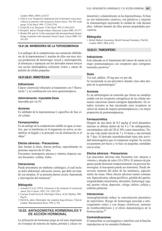 18.02. ANTAGONISTAS HORMONALES Y DE ACCIÓN HORMONAL 461

   London: BMA; 20034. p.42215.                                            dometrial y colateralmente en los hipernefromas. Si bien
2. Chan S, et al. Prospective randomized trial of docetaxel versus doxo-   no son tratamientos curativos, son paliativos y mejoran
   rrubicin in patients with metastasic breast cancer. The 303 study
   group. J Clin Oncol 1999. 17:2341-2354.
                                                                           la sintomatología mejorando la calidad de vida durante
3. Cortes M, et al. Docetaxel. J Clin Oncol 1995;13:2643-2655.             años. Además muchos de ellos poseen propiedades pre-
4. Revand A. and col. Taxanes induce. Glaucoma. Lancet 2000; 355:577.      ventivas.
5. Ibrahim Wk and col. Colitis associated whit docetaxel-based chemot-
   herapy in patients whit metastatic breast Cancer. Lancet 2000; 355:     Bibliografía
   281-283.                                                                1. British Medical Association. British National Formulary. 47nd Ed.
                                                                              London, BMA, 2004, p:432.
18.01.08. INHIBIDORES DE LA TOPOISOMERASA
                                                                           18.02.01. TAMOXIFENO
Los análogos de la camptotesinas son sustancias inhibido-
ras de la topoisomerasa I, muchas de ellas son muy tóxi-                   Indicaciones
cas productoras de hemorragia vesical y mielosupresión,                    Está indicada en el tratamiento del cáncer de mama en la
el irinotecan y topotecan son los derivados menos tóxicos                  mujer postmenopáusica con receptores para estrógenos
con acción antineoplásica colorectal, ovario y cáncer de                   tumorales positivos.1
pulmón de células pequeñas.
                                                                           Dosis
18.01.08.01. IRINOTECAN                                                    Vía oral, adultos: 20 mg una vez por día.
                                                                           Se recomienda su uso preventivo durante cinco años des-
Indicaciones                                                               pués de la quimioterapia.2
Cáncer colorrectal refractario al tratamiento con 5 fluoru-
racilo.1 y en combinación con otros quimioterápicos.                       Acciones
                                                                           Es un antiestrógeno no esteroide que forma un complejo
Administración: inyectable.Dosis                                           estable con los receptores estrogénicos de las células ma-
Intectable por vía IV.                                                     marias cancerosas (tumor estrógeno dependiente). En es-
                                                                           tudios recientes se han encontrado estos receptores en
Acciones                                                                   cáncer de mama de mujeres premenopáusicas y en mayor
Es inhibidor de la topoisomerasa I, específico de fase ci-                 proporción de postmenopáusicas.
clo celular.
                                                                           Farmacocinética
Farmacocinética                                                            Después de una dosis de 0,3 mg/kg el nivel plasmático
Es un análogo de la camptotecina soluble en agua, es inac-                 máximo se obtiene dentro de las 4 a 7 hs subsiguientes,
tivo, que se transforma en el organismo en activo, se me-                  encontrándose sólo del 20 al 30% como tamoxifeno. Tie-
taboliza en hígado y la principal vía de eliminación es el                 ne una vida media inicial de 7 a 14 horas y una terminal
riñón.2                                                                    de 7 días. El derivado monohidroxilado tiene más activi-
                                                                           dad antiestrogénica que el compuesto original. Se excreta
Efectos adversos - Precauciones                                            escasamente por heces y lo hace en pequeñas cantidades
Que limitan la dosis, diarrea profusa, especialmente en                    con la orina.
personas mayores de 65 años.
Frecuentes: neutropenia, náuseas y vómitos, alopecia; me-                  Efectos adversos - Precauciones
nos frecuentes: cefalea, fiebre.                                           Las reacciones adversas más frecuentes son: náuseas o
                                                                           vómitos y oleadas de calor (10 a 20%). El número de pla-
Interacciones                                                              quetas puede disminuir temporariamente sin provocar he-
Puede presentarse un síndrome colinérgico, el cual inclu-                  morragias; la leucopenia puede ser transitoria. Puede ob-
ye dolor abdominal, salivación, miosis, que debe ser trata-                servarse aumento del dolor de las metástasis, especial-
do con atropina. Si se presenta diarrea severa: loperamida                 mente las óseas. Otros efectos adversos menos comunes
e interrupción del irinotecan.3                                            son: hipercalcemia, edema periférico, pérdida del apetito,
                                                                           irregularidades menstruales, dermatitis, hemorragia vagi-
Bibliografía                                                               nal, prurito vulvar, depresión, vértigo, delirio, cefalea y
1. Armand J.P. et al. CPT-II. Irinotecan in the treatment of colonrectal   embolia pulmonar.
   cancer. Eur J Cancer; 1995, 31A: 1283-1287.
2. Casciato D and Lowitz B. Oncología Clínica. 4a Ed. Marban, 2001.        Interacciones
   Pag 81.                                                                 Aminoglutetimida reduce la concentración plasmática
3. Parfitt K, editor. Martindale: the complete drug reference. 32nd ed.    de tamoxifeno. Riesgo de hemorragia asociado a anti-
   London: Pharmaceutical Press; 1999. p. 543.
                                                                           coagulantes orales y con drogas citotóxicas, aumento
                                                                           de tromboembolismo y el efecto dopaminérgico de la
18.02. ANTAGONISTAS HORMONALES Y                                           bromocriptina.2,3
       DE ACCIÓN HORMONAL
                                                                           Contraindicaciones
La utilización de hormonas juega un rol muy importante                     El tamoxifeno es carcinogénico e interfiere con la función
en el manejo de tumores de mama, próstata y cáncer en-                     reproductora en los animales.Embarazo.
 