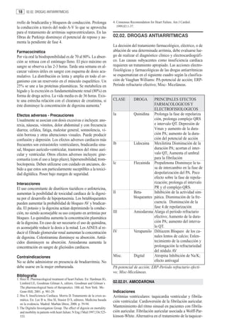 18    02.02. DROGAS ANTIARRITMICAS


rrollo de bradicardia y bloqueos de conducción. Prolonga                     4. Consensus Recomendation for Heart Failure. Am J Cardiol.
la conducción a través del nodo A-V lo que se aprovecha                         1999;83:1-37.
para el tratamiento de arritmias supraventriculares. En las
fibras de Purkinje disminuye el potencial de reposo y au-                    02.02. DROGAS ANTIARRITMICAS
menta la pendiente de fase 4.
                                                                             La decisión del tratamiento farmacológico, eléctrico, o de
Farmacocinética                                                              ablación de una determinada arritmia, debe evaluarse lue-
Por vía oral la biodisponibilidad es de 70 al 80%. La absor-                 go de realizar el diagnóstico clínico y electrocardiográfi-
ción se retrasa con el estómago lleno. El pico máximo en                     co. Las causas subyacentes como insuficiencia cardíaca
sangre se observa a las 2-3 horas. Tarda una semana en al-                   requieren un tratamiento apropiado. Las acciones electro-
canzar valores útiles en sangre con esquema de dosis acu-                    fisiológicas y farmacológicas de las drogas antiarrítmicas
mulativo. La distribución es lenta y amplia en todo el or-                   se esquematizan en el siguiente cuadro según la clasifica-
ganismo con un reservorio en el músculo esquelético. Un                      ción de Vaughan Williams: PA-potencial de acción; ERP-
25% se une a las proteínas plasmáticas. Se metaboliza en                     Período refractario efectivo; Misc- Miceláneas.
hígado y la excreción es fundamentalmente renal (80%) en
forma de droga activa. La vida media es de 36 horas. Exis-
te una estrecha relación con el clearance de creatinina, si                  CLASE          DROGA       PRINCIPALES EFECTOS
éste disminuye la concentración de digoxina aumenta.1                                                   FARMACOLOGICOS Y
                                                                                                        ELECTROFISIOLOGICOS
Efectos adversos - Precauciones                                              Ia             Quinidina Prolonga la fase de repolariza
Usualmente se asocian con dosis excesivas e incluyen: ano-                                              ción, prolonga complejo QRS
rexia, náuseas, vómitos, dolor abdominal y con frecuencia                                               e intervalo QT. Depresión de
diarrea; cefalea, fatiga, malestar general, somnolencia, vi-                                            Vmax y aumento de la dura-
sión borrosa y otras alteraciones visuales. Puede producir                                              ción PA; aumento de la dura-
confusión y depresión. Los efectos adversos cardíacos más                                               ción del potencial de acción
frecuentes son extrasístoles ventriculares, bradicardia sinu-                Ib             Lidocaina Mexiletina Disminución de la
sal, bloqueo aurículo-ventricular, trastornos del ritmo auri-                                           duración PA; acortan el inter-
cular y ventricular. Otros efectos adversos incluyen: gine-                                             valo QT; Aumenta el umbral
comastia (con el uso a largo plazo), hipersensibilidad, trom-                                           para la fibrilación
bocitopenia. Deben utilizarse con cuidado en ancianos, de-                   Ic             Flecainida Propafenona Disminuye la ta-
bido a que estos son particularmente suceptibles a la toxici-                                           sa de intercambio en la fase de
dad digitálica. Posee bajo margen de seguridad.                                                         despolarización del PA. Poco
                                                                                                        efecto sobre la fase de repola-
Interacciones                                                                                           rización; prolonga el intervalo
El uso concomitante de diuréticos tiazídicos o anfotericina,                                            PR y el complejo QRS.
aumentan la posibilidad de toxicidad cardíaca de la digoxi-                  II             Beta-       Inhibición de la actividad sim-
na por el desarrollo de hipopotasemia. Los betabloqueantes                                  bloqueantes pática. Disminución de la fre-
pueden aumentar la probabilidad de bloqueo AV y bradicar-                                               cuencia. Disminución de la
dia. El potasio y la digoxina actúan deprimiendo la conduc-                                             fase 4 de repolarización
ción, no siendo aconsejable su uso conjunto en arritmias por                 III            Amiodarona Alarga el período refractario
bloqueo. La quinidina aumenta la concentración plasmática                                               efectivo; Aumento de la dura-
de la digoxina. En caso de ser necesario el uso de quinidina,                                           ción PA; aumento del interva-
es aconsejable reducir la dosis a la mitad. Los AINES al re-                                            lo QT.
ducir el filtrado glomerular renal aumentan la concentración                 IV             Verapamilo Diltiazem Bloqueo de los ca-
de digoxina. Colestiramina disminuye su absorción. Antiá-                                               nales lentos de calcio; Enlen-
cidos disminuyen su absorción. Amiodarona aumenta la                                                    tecimiento de la conducción y
concentración en sangre de glicósidos cardíacos.                                                        prolongación la refractariedad
                                                                                                        del nódulo AV
Contraindicaciones                                                           Misc.          Digital     Atropina Inhibición de Na/K;
No se debe administrar en presencia de bradiarritmia. No                                                efecto antivagal
debe usarse en la mujer embarazada.                                          PA-potencial de acción; ERP-Período refractario efecti-
                                                                             vo; Misc-Miceláneas.
Bibliografía
1. Hooi H. Pharmacological treatment of heart Failure. En: Hardman JG,
   Limbird LE, Goodman Gilman A, editors. Goodman and Gilman´s               02.02.01. AMIODARONA
   The pharmacological basis of therapeutics. 10th ed. New York: Mc-
   Graw-Hill; 2001. p. 901-29.                                               Indicaciones
2. Hsu S. Insuficiencia Cardíaca. Morris D. Tratamiento de la crisis as-     Arritmias ventriculares: taquicardia ventricular y fibrila-
   mática. En: Lee B w, Hsu SI, Stasior D S, editores. Medicina basada       ción ventricular. Cardioversión de la fibrilación auricular.
   en la evidencia. Madrid: Marbán libros; 2000. p. 59-94.
3. The Digitalis Investigation Group. The effect of digoxin on mortality     Mantenimiento del ritmo sinusal en pacientes con fibrila-
   and morbility in patients with heart failure. N Eng J Med 1997;336:525-   ción auricular. Fibrilación auricular asociada a Wolff-Par-
   533.                                                                      kinson-White. Alternativa en el tratamiento de la taquicar-
 
