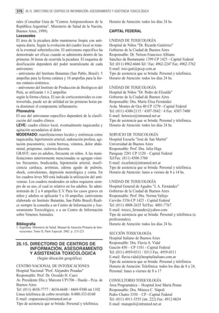 576 26.15. DIRECTORIO DE CENTROS DE INFORMACIÓN, ASESORAMIENTO Y ASISTENCIA TOXICOLÓGICA

rales (Consultar Guía de "Centros Antiponzoñosos de la                    Horario de Atención: todos los días 24 hs.
República Argentina", Ministerio de Salud de la Nación,
Buenos Aires, 1999).                                                      CAPITAL FEDERAL
Loxosceles
El área de la picadura debe mantenerse limpia con anti-                   UNIDAD DE TOXICOLOGÍA
sepsia diaria. Según la evolución del cuadro local se trata-              Hospital de Niños "Dr. Ricardo Gutiérrez"
rá la eventual sobreinfección. El antiveneno específico ha                Gobierno de la Ciudad de Buenos Aires
demostrado ser eficaz cuando se administra dentro de las                  Responsable: Dr. Nelson Francisco Albiano
primeras 36 horas de ocurrida la picadura. El esquema de                  Sánchez de Bustamante 1399 CP 1425 - Capital Federal
dosificación dependerá del poder neutralizante de cada                    Tel: (011) 4962-6666 Tel / Fax: 4962-2247 Fax: 4962-3762
antiveneno:                                                               E-mail: toxi-guti@pccp.com.ar
- antiveneno del Instituto Butantan (San Pablo, Brasil): 5                Tipo de asistencia que se brinda: Personal y telefónica.
ampollas para la forma cutánea y 10 ampollas para la for-                 Horario de Atención: todos los días 24 hs.
ma cutáneo-sistémica.
- antiveneno del Instituto de Producción de Biológicos del                UNIDAD DE TOXICOLOGÍA
Perú, se utilizarán 1 ó 2 ampollas                                        Hospital de Niños "Dr. Pedro de Elizalde"
según la forma clínica. El uso de corticoesteroides es con-               Gobierno de la Ciudad de Buenos Aires
trovertido, puede ser de utilidad en las primeras horas pa-               Responsable: Dra. María Elisa Fernández
ra disminuir el componente inflamatorio.                                  Avda. Montes de Oca 40 CP 1270 - Capital Federal
Phoneutria                                                                Tel: (011) 4300-2115 / 4307-5842 / 4 Fax: 4307-7400
El uso del antiveneno específico dependerá de la clasifi-                 E-mail: hetoxico@intramed.net.ar
cación del cuadro clínico.                                                Tipo de asistencia que se brinda: Personal y telefónica.
LEVE: cuadro clínico local, eventualmente taquicardia y                   Horario de Atención: todos los días 24 hs.
agitación secundarios al dolor
MODERADO: manifestaciones locales y sistémicas como                       SERVICIO DE TOXICOLOGÍA
taquicardia, hipertensión arterial, sudoración profusa, agi-              Hospital Escuela "José de San Martín"
tación psicomotriz, visión borrosa, vómitos, dolor abdo-                  Universidad de Buenos Aires
minal, priapismo, sialorrea discreta.                                     Responsable: Prof. Dra. Julia Higa
GRAVE: raro en adultos, frecuente en niños. A las mani-                   Paraguay 2201 CP 1120 – Capital Federal
festaciones anteriormente mencionadas se agregan vómi-                    Tel/Fax: (011) 4508-3760
tos frecuentes, bradicardia, hipotensión arterial, insufi-                E-mail: escarlato@intramed.net.ar
ciencia cardiaca, arritmias, edema agudo de pulmón,                       Tipo de asistencia que se brinda: Personal y telefónica.
shock, convulsiones, depresión neurológica y coma. En                     Horario de Atención: lunes a viernes de 8 a 14 hs.
los cuadros leves NO está indicada la utilización del anti-
veneno. Los cuadros moderados en niños requieren siem-                    UNIDAD DE TOXICOLOGÍA
pre de su uso, el cual es relativo en los adultos. Se admi-               Hospital General de Agudos "J. A. Fernández"
nistrarán de 2 a 4 ampollas E.V. Para los casos graves en                 Gobierno de la Ciudad de Buenos Aires
niños y adultos se aplicarán 5 a 10 ampollas. (antiveneno                 Responsable: Prof. Dra. Norma Vallejo
elaborado en Instituto Butantán, San Pablo Brasil) Reali-                 Cerviño 3356 CP 1425 - Capital Federal
ce siempre la consulta a un Centro de Información y Ase-                  Tel: (011) 4808-2655 Tel/Fax: 4801-7767
soramiento Toxicológico, o a un Centro de Información                     E-mail: toxico_fernandez@yahoo.com
sobre Venenos Animales.                                                   Tipo de asistencia que se brinda: Personal y telefónica (a
                                                                          profesionales).
Bibliografía                                                              Horario de Atención: todos los días 24 hs.
1. Argentina. Ministerio de Salud. Manual de Atención Primaria de Into-
   xicaciones. Tomo II, Parte Especial. 2002. p. 215-223
                                                                          SECCIÓN TOXICOLOGÍA
                                                                          Hospital Italiano de Buenos Aires
26.15. DIRECTORIO DE CENTROS DE                                           Responsable: Dra. Flavia A. Vidal
       INFORMACIÓN, ASESORAMIENTO                                         Gascón 450 – CP 1181 - Capital Federal
       Y ASISTENCIA TOXICOLÓGICA                                          Tel: (011) 4959-0311 / 0313 Fax: 4959-0311
                 (Según ubicación geográfica)                             E-mail: flavia.vidal@hospitalitaliano.com.ar
                                                                          Tipo de asistencia que se brinda: Personal y telefónica.
CENTRO NACIONAL DE INTOXICACIONES                                         Horario de Atención: Telefónica: todos los días de 8 a 24,
Hospital Nacional "Prof. Alejandro Posadas"                               Personal: lunes a viernes de 8 a 17
Responsable: Prof. Dr. Osvaldo H. Curci
Av. Presidente Illia y Marconi CP1706 - Haedo - Pcia. de                  CONSULTORIO TOXICOLOGÍA
Buenos Aires                                                              Área Programática – Hospital José María Penna
Tel: (011) 4658-7777 / 4654-6648 / 4469-9300 int.1102                     Responsable: Dra. Mónica C. Nápoli
Línea telefónica de cobro revertido: 0-800-333-0160                       Pedro Chutro 3350 – CP - Capital Federal
E-mail: crapanzano@intramed.net.ar                                        Tel: (011) 4911-5555 (int. 222) Fax: 4912-0654
Tipo de asistencia que se brinda: Personal y telefónica.                  E-mail: manapoli@intramed.net.ar
 