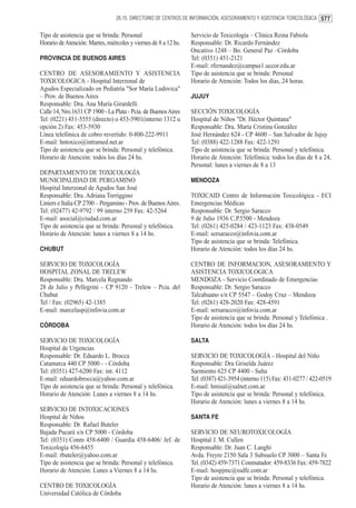 26.15. DIRECTORIO DE CENTROS DE INFORMACIÓN, ASESORAMIENTO Y ASISTENCIA TOXICOLÓGICA 577


Tipo de asistencia que se brinda: Personal                       Servicio de Toxicología – Clínica Reina Fabiola
Horario de Atención: Martes, miércoles y viernes de 8 a 12 hs.   Responsable: Dr. Ricardo Fernández
                                                                 Oncativo 1248 – Bo. General Paz –Córdoba
PROVINCIA DE BUENOS AIRES                                        Tel: (0351) 451-2121
                                                                 E-mail: rfernandez@campus1.uccor.edu.ar
CENTRO DE ASESORAMIENTO Y ASISTENCIA                             Tipo de asistencia que se brinda: Personal
TOXICOLOGICA - Hospital Interzonal de                            Horario de Atención: Todos los días, 24 horas.
Agudos Especializado en Pediatría "Sor María Ludovica"
– Prov. de Buenos Aires                                          JUJUY
Responsable: Dra. Ana María Girardelli
Calle 14, Nro.1631 CP 1900 - La Plata - Pcia. de Buenos Aires    SECCIÓN TOXICOLOGÍA
Tel: (0221) 451-5555 (directo) o 453-5901(interno 1312 u         Hospital de Niños "Dr. Héctor Quintana"
opción 2) Fax: 453-5930                                          Responsable: Dra. María Cristina González
Línea telefónica de cobro revertido: 0-800-222-9911              José Hernández 624 - CP 4600 – San Salvador de Jujuy
E-mail: hntoxico@intramed.net.ar                                 Tel: (0388) 422-1288 Fax: 422-1291
Tipo de asistencia que se brinda: Personal y telefónica.         Tipo de asistencia que se brinda: Personal y telefónica.
Horario de Atención: todos los días 24 hs.                       Horario de Atención: Telefónica: todos los días de 8 a 24,
                                                                 Personal: lunes a viernes de 8 a 13
DEPARTAMENTO DE TOXICOLOGÍA
MUNICIPALIDAD DE PERGAMINO                                       MENDOZA
Hospital Interzonal de Agudos San José
Responsable: Dra. Adriana Torriggino                             TOXICAID Centro de Información Toxicológica - ECI
Liniers e Italia CP 2700 – Pergamino - Prov. de Buenos Aires.    Emergencias Médicas
Tel: (02477) 42-9792 / 99 interno 259 Fax: 42-5264               Responsable: Dr. Sergio Saracco
E-mail: asocial@ciudad.com.ar                                    9 de Julio 1936 C.P.5500 - Mendoza
Tipo de asistencia que se brinda: Personal y telefónica.         Tel: (0261) 425-0284 / 423-1123 Fax: 438-0549
Horario de Atención: lunes a viernes 8 a 14 hs.                  E-mail: sersaracco@infovia.com.ar
                                                                 Tipo de asistencia que se brinda: Telefónica.
CHUBUT                                                           Horario de Atención: todos los días 24 hs.

SERVICIO DE TOXICOLOGÍA                                          CENTRO DE INFORMACION, ASESORAMIENTO Y
HOSPITAL ZONAL DE TRELEW                                         ASISTENCIA TOXICOLOGICA
Responsable: Dra. Marcela Regnando                               MENDOZA - Servicio Coordinado de Emergencias
28 de Julio y Pellegrini – CP 9120 – Trelew – Pcia. del          Responsable: Dr. Sergio Saracco
Chubut                                                           Talcahuano s/n CP 5547 – Godoy Cruz – Mendoza
Tel / Fax: (02965) 42-1385                                       Tel: (0261) 428-2020 Fax: 428-4591
E-mail: marcelasp@infovia.com.ar                                 E-mail: sersaracco@infovia.com.ar
                                                                 Tipo de asistencia que se brinda: Personal y Telefónica .
CÓRDOBA                                                          Horario de Atención: todos los días 24 hs.

SERVICIO DE TOXICOLOGÍA                                          SALTA
Hospital de Urgencias
Responsable: Dr. Eduardo L. Brocca                               SERVICIO DE TOXICOLOGÍA - Hospital del Niño
Catamarca 440 CP 5000 - - Córdoba                                Responsable: Dra Griselda Juárez
Tel: (0351) 427-6200 Fax: int. 4112                              Sarmiento 625 CP 4400 - Salta
E-mail: eduardobrocca@yahoo.com.ar                               Tel: (0387) 421-3954 (interno 115) Fax: 431-0277 / 422-0519
Tipo de asistencia que se brinda: Personal y telefónica.         E-mail: hmisal@salnet.com.ar
Horario de Atención: Lunes a viernes 8 a 14 hs.                  Tipo de asistencia que se brinda: Personal y telefónica.
                                                                 Horario de Atención: lunes a viernes 8 a 14 hs.
SERVICIO DE INTOXICACIONES
Hospital de Niños                                                SANTA FE
Responsable: Dr. Rafael Buteler
Bajada Pucará s/n CP 5000 - Córdoba                              SERVICIO DE NEUROTOXICOLOGÍA
Tel: (0351) Conm 458-6400 / Guardia 458-6406/ Jef. de            Hospital J. M. Cullen
Toxicología 456-6455                                             Responsable: Dr. Juan C. Langhi
E-mail: rbuteler@yahoo.com.ar                                    Avda. Freyre 2150 Sala 3 Subsuelo CP 3000 – Santa Fe
Tipo de asistencia que se brinda: Personal y telefónica.         Tel. (0342) 459-7371 Conmutador: 459-8336 Fax: 459-7822
Horario de Atención: Lunes a Viernes 8 a 14 hs.                  E-mail: hospjmc@ssdfe.com.ar
                                                                 Tipo de asistencia que se brinda: Personal y telefónica.
CENTRO DE TOXICOLOGÍA                                            Horario de Atención: lunes a viernes 8 a 14 hs.
Universidad Católica de Córdoba
 