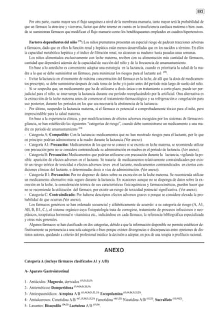 593

   Por otra parte, cuanto mayor sea el flujo sanguíneo a nivel de la membrana mamaria, tanto mayor será la probabilidad de
que un fármaco la atraviese y viceversa, factor que debe tenerse en cuenta en la insuficiencia cardíaca materna o bien cuan-
do se suministran fármacos que modifican el flujo mamario como los betabloqueantes empleados en cuadros hipertensivos.

    Factores dependientes del niño (15): Los niños prematuros presentan un especial riesgo de padecer reacciones adversas
a fármacos, dado que en ellos la función renal y hepática están menos desarrolladas que en los nacidos a término. En ellos
la capacidad metabólica hepática y el índice de filtración renal, no alcanzan su madurez hasta pasadas unas semanas.
    Los niños alimentados exclusivamente con leche materna, reciben con su alimentación más cantidad de fármacos,
cantidad que dependerá además de la capacidad de succión del niño y de la frecuencia de amamantamiento.
    En base a lo antedicho es conveniente adoptar una estrategia en la lactancia, cuando es prioritaria la salud de la ma-
dre a la que se debe suministrar un fármaco, para minimizar los riesgos para el lactante así: (19).
- Evitar la lactancia en el momento de máxima concentración del fármaco en la leche, de allí que la dosis de medicamen-
tos prescripto, se debe suministrar después de cada toma de leche y/o justo antes del período más largo de sueño del niño.
- Si se sospecha que, un medicamento que ha de utilizarse a dosis única o en tratamiento a corto plazo, puede ser per-
judicial para el niño, se interrumpe la lactancia durante ese período reemplazándolo por la artificial. Otra alternativa es
la extracción de la leche materna antes de comenzar el tratamiento farmacológico y su refrigeración o congelación para
uso posterior, durante los períodos en los que sea necesaria la abstinencia de la lactancia.
- Por último, suspender la lactancia materna, si el fármaco es potencial o comprobadamente tóxico para el niño, pero
imprescindible para la salud materna.
    En base a la experiencia clínica, y por modificaciones de efectos adversos recogidos por los sistemas de fármacovi-
gilancia, se han establecido las siguientes “categorías de riesgo”, cuando debe suministrarse un medicamento a una ma-
dre en período de amamantamiento (14)
- Categoría A: Compatible: Con la lactancia: medicamentos que no han mostrado riesgos para el lactante, por lo que
en principio podrían administrarse a la madre durante la lactancia.(Ver anexo).
- Categoría A1: Precaución: Medicamentos de los que no se conoce sí se excreta en leche materna, se recomienda utilizar
con precaución pero no se considera contraindicada su administración en madres en el período de lactancia. (Ver anexo).
- Categoría B: Precaución: Medicamentos que podrían utilizarse con precaución durante la lactancia, vigilando la po-
sible aparición de efectos adversos en el lactante. Se trataría de medicamentos relativamente contraindicados por exis-
tir un riesgo teórico de toxicidad o efectos adversos leves en el lactante, medicamentos contraindicados en ciertas con-
diciones clínicas del lactante, o determinadas dosis o vías de administración. (Ver anexo).
- Categoría B1: Precaución: Por no disponer de datos sobre su excreción en la leche materna. Se recomienda utilizar
un medicamento alternativo más seguro durante la lactancia. En ocasiones aunque no se disponga de datos sobre la ex-
creción en la leche, la consideración teórica de sus características fisicoquímicas y farmacocinéticas, pueden hacer que
no se recomiende la utilización del fármaco, por existir un riesgo de toxicidad potencial significativa. (Ver anexo).
- Categoría C: Contraindicado: Por haberse descriptos efectos adversos graves o porque se considere elevada la pro-
babilidad de que ocurran.(Ver anexo).
    Los fármacos genéricos se han ordenado secuencial y alfabéticamente de acuerdo: a su categoría de riesgo (A, A1,
AB, B, B1, C.), el sistema orgánico cuya fisiopatología trata de corregirse, tratamiento de procesos infecciosos o neo-
plásicos, terapéutica hormonal o vitamínica etc., indicándose en cada fármaco, la referencia bibliográfica especializada
y otras más generales.
    Algunos fármacos se han clasificado en dos categorías, debido a que la información disponible no permite establecer de-
finitivamente su pertenencia a una sola categoría o bien porque existen divergencias o discrepancias entre opiniones de dis-
tintos autores, quedando a criterio del profesional médico la decisión a adoptar, en pos de una terapia o profilaxis racional.


                                                              ANEXO
Categoría A (incluye fármacos clasificados A1 y A/B)

A- Aparato Gastrointestinal

1-   Antiácidos: Magnesio, derivados (13,21,22,23).
2-   Antieméticos: Domperidona (7,19,20,21,22,23).
3-   Antiespasmódicos: Atropina A/B (13,19,20,21,22,.23) Escopolamina (13,19,20,21,22,23).
4-   Antiulcerosos: Cimetidina A/B (4,7,13,20,21,22,23) Famotidina (4,13,22) Nizatidina A/B (13,22). Sucralfato (13,19,22).
5-   Laxantes: Bisacodilo (20,22) Lactulosa A/B (13,24).
 