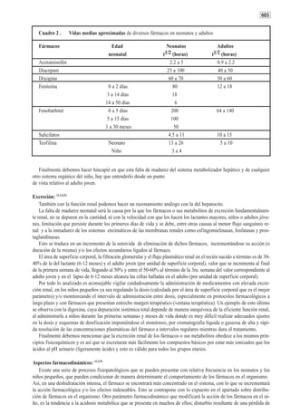 603


   Cuadro 2 .      Vidas medias aproximadas de diversos fármacos en neonatos y adultos

   Fármacos                              Edad                           Neonatos                   Adultos
                                        neonatal                      t1/2 (horas)              t1/2 (horas)
   Acetaminofén                                                           2.2 a 5                  0.9 a 2.2
   Diacepam                                                             25 a 100                   40 a 50
   Dixogina                                                              60 a 70                   30 a 60
   Fenitoína                             0 a 2 días                         80                     12 a 18
                                        3 a 14 días                        18
                                       14 a 50 días                          6
   Fenobarbital                          0 a 5 días                        200                     64 a 140
                                        5 a 15 días                       100
                                       1 a 30 meses                         50
   Salicilatos                                                           4.5 a 11                  10 a 15
   Teofilina                            Neonato                          13 a 26                    5 a 10
                                         Niño                              3a4


   Finalmente debemos hacer hincapié en que esta falta de madurez del sistema metabolizador hepático y de cualquier
otro sistema orgánico del niño, hay que entenderlo desde un punto
de vista relativo al adulto joven.

Excreción: (1,3,4,5)
    También con la función renal podemos hacer un razonamiento análogo con la del hepatocito.
    La falta de madurez neonatal será la causa por la que los fármacos o sus metabolitos de excreción fundamentalmen-
te renal, no se depuren en la cantidad, ni con la velocidad con que los hacen los lactantes mayores, niños o adultos jóve-
nes, limitación que persiste durante los primeros días de vida y se debe, entre otras causas al menor flujo sanguíneo re-
nal y a la inmadurez de los sistemas enzimáticos de las membranas renales como esfingomielinasas, fosfatasas y pros-
taglandinasas.
    Esto se traduce en un incremento de la semivida de eliminación de dichos fármacos, incrementándose su acción (o
duración de la misma) y/o los efectos secundarios ligados al fármaco.
    El área de superficie corporal, la filtración glomerular y el flujo plasmático renal en el recién nacido a término es de 30-
40% de la del lactante (6-12 meses) y el adulto joven (por unidad de superficie corporal), valor que se incrementa al final
de la primera semana de vida, llegando al 50% y entre el 50-60% al término de la 3ra. semana del valor correspondiente al
adulto joven y en el lapso de 6-12 meses alcanza las cifras halladas en el adulto (por unidad de superficie corporal).
    Por todo lo analizado es aconsejable vigilar cuidadosamente la administración de medicamentos con elevada excre-
ción renal, en los niños pequeños ya sea regulando la dosis (calculada por el área de superficie corporal que es el mejor
parámetro) y/o monitoreando el intervalo de administración entre dosis, especialmente en protocolos farmacológicos a
largo plazo y con fármacos que presentan estrecho margen terapéutico (ventana terapéutica). Un ejemplo de esto último
se observa con la digoxina, cuya depuración sistémica total depende de manera inequívoca de la eficiente función renal,
al administrarla a niños durante las primeras semanas y meses de vida donde es muy difícil realizar adecuados ajustes
en la dosis y esquemas de dosificación imponiéndose el monitoreo, por cromatografía líquida o gaseosa de alta y rápi-
da resolución de las concentraciones plasmáticas del fármaco a intervalos regulares mientras dura el tratamiento.
    Finalmente debemos mencionar que la excreción renal de los fármacos o sus metabolitos obedece a los mismos prin-
cipios fisicoquímicos y es así que se excretaran más fácilmente los compuestos básicos por estar más ionizados que los
ácidos al pH urinario (ligeramente ácido) y esto es válido para todos los grupos etarios.

Aspectos farmacodinámicos: (1,3,5)
    Existe una serie de procesos fisiopatológicos que se pueden presentar con relativa frecuencia en los neonatos y los
niños pequeños, que pueden condicionar de manera determinante el comportamiento de los fármacos en el organismo.
Así, en una deshidratación intensa, el fármaco se encontrará más concentrado en el sistema, con lo que se incrementará
la acción farmacológica y/o los efectos indeseables. Esto se contrapone con lo expuesto en el apartado sobre distribu-
ción de fármacos en el organismo. Otro parámetro farmacodinámico que modificará la acción de los fármacos en el ni-
ño, es la tendencia a la acidosis metabólica que se presenta en muchos de ellos; disturbio resultante de una pérdida de
 