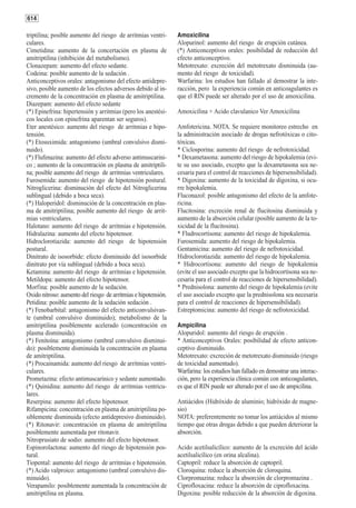 614

triptilina; posible aumento del riesgo de arritmias ventri-     Amoxicilina
culares.                                                        Alopurinol: aumento del riesgo de erupción cutánea.
Cimetidina: aumento de la concertación en plasma de             (*) Anticonceptivos orales: posibilidad de reducción del
amitriptilina (inhibición del metabolismo).                     efecto anticonceptivo.
Clonazepam: aumento del efecto sedante.                         Metotrexato: excreción del metotrexato disminuida (au-
Codeina: posible aumento de la sedación .                       mento del riesgo de toxicidad).
Anticonceptivos orales: antagonismo del efecto antidepre-       Warfarina: los estudios han fallado al demostrar la inte-
sivo, posible aumento de los efectos adversos debido al in-     racción, pero la experiencia común en anticoagulantes es
cremento de la concentración en plasma de amitriptilina.        que el RIN puede ser alterado por el uso de amoxicilina.
Diazepam: aumento del efecto sedante
(*) Epinefrina: hipertensión y arritmias (pero los anestési-    Amoxicilina + Acido clavulanico Ver Amoxicilina
cos locales con epinefrina aparentan ser seguros).
Eter anestésico: aumento del riesgo de arritmias e hipo-        Amfotericina. NOTA. Se requiere monitoreo estrecho en
tensión.                                                        la administración asociado de drogas nefrotóxicas o cito-
(*) Etosuximida: antagonismo (umbral convulsivo dismi-          tóxicas.
nuido).                                                         * Ciclosporina: aumento del riesgo de nefrotoxicidad.
(*) Flufenazina: aumento del efecto adverso antimuscarini-      * Dexametasona: aumento del riesgo de hipokalemia (evi-
co ; aumento de la concentración en plasma de amitriptili-      te su uso asociado, excepto que la dexametasona sea ne-
na; posible aumento del riesgo de arritmias ventriculares.      cesaria para el control de reacciones de hipersensibilidad).
Furosemida: aumento del riesgo de hipotensión postural.         * Digoxina: aumento de la toxicidad de digoxina, si ocu-
Nitroglicerina: disminución del efecto del Nitroglicerina       rre hipokalemia.
sublingual (debido a boca seca).                                Fluconazol: posible antagonismo del efecto de la amfote-
(*) Haloperidol: disminución de la concentración en plas-       ricina.
ma de amitriptilina; posible aumento del riesgo de arrit-       Flucitosina: excreción renal de flucitosina disminuida y
mias ventriculares.                                             aumento de la absorción celular (posible aumento de la to-
Halotano: aumento del riesgo de arritmias e hipotensión.        xicidad de la flucitosina).
Hidralazina: aumento del efecto hipotensor.                     * Fludrocortisona: aumento del riesgo de hipokalemia.
Hidroclorotiazida: aumento del riesgo de hipotensión            Furosemida: aumento del riesgo de hipokalemia.
postural.                                                       Gentamicina: aumento del riesgo de nefrotoxicidad.
Dinitrato de isosorbide: efecto disminuido del isosorbide       Hidroclorotiazida: aumento del riesgo de hipokalemia.
dinitrato por vía sublingual (debido a boca seca).              * Hidrocortisona: aumento del riesgo de hipokalemia
Ketamina: aumento del riesgo de arritmias e hipotensión.        (evite el uso asociado excepto que la hidrocortisona sea ne-
Metildopa: aumento del efecto hipotensor.                       cesaria para el control de reacciones de hipersensibilidad).
Morfina: posible aumento de la sedación.                        * Prednisolona: aumento del riesgo de hipokalemia (evite
Oxido nitroso: aumento del riesgo de arritmias e hipotensión.   el uso asociado excepto que la prednisolona sea necesaria
Petidina: posible aumento de la sedación sedación .             para el control de reacciones de hipersensibilidad).
(*) Fenobarbital: antagonismo del efecto anticonvulsivan-       Estreptomicina: aumento del riesgo de nefrotoxicidad.
te (umbral convulsivo disminuido); metabolismo de la
amitriptilina posiblemente acelerado (concentración en          Ampicilina
plasma disminuida).                                             Alopuridol: aumento del riesgo de erupción .
(*) Fenitoína: antagonismo (umbral convulsivo disminui-         * Anticonceptivos Orales: posibilidad de efecto anticon-
do): posiblemente disminuida la concentración en plasma         ceptivo disminuido.
de amitriptilina.                                               Metotrexato: excreción de metotrexato disminuido (riesgo
(*) Procainamida: aumento del riesgo de arritmias ventri-       de toxicidad aumentado).
culares.                                                        Warfarina: los estudios han fallado en demostrar una interac-
Prometazina: efecto antimuscarínico y sedante aumentado.        ción, pero la experiencia clínica común con anticoagulantes,
(*) Quinidina: aumento del riesgo de arritmias ventricu-        es que el RIN puede ser alterado por el uso de ampicilina.
lares.
Reserpina: aumento del efecto hipotensor.                       Antiácidos (Hidróxido de aluminio; hidróxido de magne-
Rifampicina: concentración en plasma de amitriptilina po-       sio)
siblemente disminuida (efecto antidepresivo disminuido).        NOTA: preferentemente no tomar los antiácidos al mismo
(*) Ritonavir: concentración en plasma de amitriptilina         tiempo que otras drogas debido a que pueden deteriorar la
posiblemente aumentada por ritonavir.                           absorción.
Nitroprusiato de sodio: aumento del efecto hipotensor.
Espinorolactona: aumento del riesgo de hipotensión pos-         Acido acetilsalicílico: aumento de la excreción del ácido
tural.                                                          acetilsalicílico (en orina alcalina).
Tiopental: aumento del riesgo de arritmias e hipotensión.       Captopril: reduce la absorción de captopril.
(*) Acido valproico: antagonismo (umbral convulsivo dis-        Cloroquina: reduce la absorción de cloroquina.
minuido).                                                       Clorpromazina: reduce la absorción de clorpromazina .
Verapamilo: posiblemente aumentada la concentración de          Ciprofloxacina: reduce la absorción de ciprofloxacina.
amitriptilina en plasma.                                        Digoxina: posible reducción de la absorción de digoxina.
 