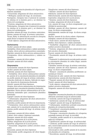 618

* Digoxina: concentración plasmática de la digoxina posi-      Nitroglicerina: aumento del efecto hipotensor.
blemente aumentada.                                            * Halotano: aumento del efecto hipotensor.
* Etosuximida: antagonismo del efecto anticonvulsivo.          Hidralazina: aumento del efecto hipotensor.
* Mefloquina: aumento del riesgo de convulsiones.              Hidroclorotiazida: aumento del efecto hipotensor.
Neostigmina: cloroquina tiene el potencial de aumentar         Isoprenalina: antagonismo de la acción presora.
los síntomas de la miastenia gravis y asi disminuir los        * Ketamina: aumento del efecto hipotensor.
efectos de la neostigmina.                                     Levodopa: antagonismo del efecto de levodopa.
* Fenitoina: antagonismo del efecto anticonvulsivo.            Litio: aumento del riesgo de efecto extrapiramidal y po-
Piridostigmina: cloroquina tiene el potencial de aumentar      sibilidad de neurotoxicidad.
los síntomas de la mistenioa grave y asi disminuir los         Metildopa: aumento del efecto hipotensor; aumento del
efectos de la piridostigmina.                                  riesgo de efectos extrapiramidales.
Quinidina: aumento del riesgo de arritmias ventriculares.      Metoclopramida: aumento del riesgo de efectos extrapi-
Quinina: aumento del riesgo de arritmias ventriculares.        ramidales.
Vacuna, Rabia: la administración asociada de cloroquina        Morfina: aumento de los efectos sedante e hipotensor.
puede afectar la respuesta del anticuerpo.                     Nifedipina: aumento del efecto hipotensor.
* Ácido valproico: antagonismo del efecto anticonvulsivo.      * Oxido nitroso: aumento del efecto hipotensor.
                                                               Petidina: efecto hipotensor y sedante aumentados.
Clorfeniramina                                                 * Fenobarbital: antagonismo del efecto antioconvulsivo
Alcohol: aumento del efecto sedante.                           (umbral convulsivo disminuido)
Amitriptilina: efectos antimuscarínico y sedante aumentados.   * Fenitoina: antagonismo del efecto anticonvulsivo (um-
Atropina: efectos adversos antimuscarinicos aumentados.        bral convulsivo disminuido).
Biperiden: aumento de efectos adversos antimuscarínicos.       Prazosin: aumento del efecto hipotensor.
Clomipramina: efectos antimuscarinicos y sedantes au-          * Procainamida: aumento del riesgo de arritmias ventri-
mentados.                                                      culares.
Clonazepam: aumento del efecto sedante.                        * Propranolol: la administración asociada puede aumentar
Diazepam: aumento del efecto sedante.                          la concentración plasmática de ambas drogas; aumento
                                                               del efecto hipotensor.
Clorpromazina                                                  * Quinidina: aumento del riesgo de arritmias ventriculares.
Acetazolamida: aumento del efecto hipotensor.                  Reserpina: aumento del efecto hipotensor; aumento del
Alcohol: aumento del efecto sedante.                           riesgo de efectos extrapiramidales.
Amilorida: aumento del efecto hipotensor.                      * Ritonavir: concentración plasmática posiblemente au-
* Amitriptilina: efecto adverso antimuscarinico aumenta-       mentada por ritonavir.
do; aumento de la concentración plasmática de amitriptili-     Nitroprusiato de sodio: aumento del efecto hipotensor.
na; posible aumento del riesgo de arritmias ventriculares.     Espironolactona: aumento del efecto hipotensor.
Antiacidos (hidróxido de aluminio, hidróxido de magne-         * Tiopental: aumento del efecto hipotensor.
sio): absorción de clorpromazina disminuida.                   Timolol: aumento del efecto hipotensor.
Atenolol: aumento del efecto hipotensor.                       * Acido valproico: antagonismo del efecto anticonvulsivo
Atropina: efecto adverso antimuscarinico de clorpormazina      (umbral convulsivo disminuido).
aumentado (pero concentración plasmática disminuida).          Verapamilo: aumento del efecto hipotensor.
Biperideno: efectos adversos antimuscarinicos de la clor-
promazina aumentados (pero concentración plasmática            Ciclosporina
disminuida).                                                   Allopuridol: concentración plasmática de ciclosporina po-
Captopril: aumento del efecto hipotensor.                      siblemente aumentada (riesgo de nefrotoxicidad).
* Carbamazepina: antagonismo del efecto anticonvulsivo         * Amilorida: aumento del riesgo de hiperkalemia.
(umbral convulsivo bajo).                                      * Amfotericina: aumento del riesgo de nefrotoxicidad.
Cimetidina: posible aumento del efecto de clorpormazina.       * Captopril: aumento del riesgo de hiperkalemia.
* Clomipramina: efecto adverso antimuscarinico aumen-          * Carbamazepina: metabolismo acelerado (concentración
tado; aumento de la concentración plasmática de clomi-         plasmática de ciclosporina disminuida).
pramina; posible aumento del riesgo de arritmias ventri-       * Cloramfenicol: concentración plasmática de ciclospori-
culares.                                                       na posiblemente aumentada.
Clonazepam: aumento del efecto sedante.                        * Cloroquina: concentración plasmática de ciclosporina
Codeina: efecto sedante e hipotensor aumentado.                aumentada (aumento del riesgo de toxicidad).
Diazepam: aumento del efecto sedante.                          * Cimetidina: posible aumento de la concentración plas-
Dopamina: antagonismo de la acción presora.                    mática de ciclosporina.
Efedrina: antagonismo de la acción presora.                    * Ciprofloxacina: aumento del riesgo de nefrotoxicidad.
Epinefrina: antagonismo de la acción presora.                  * Colchicina: posible aumento del riesgo de nefrotoxici-
* Etosuximida: antagonismo (umbral convulsivo dismi-           dad y miotoxicidad (aumento de la concentración plasmá-
nuido).                                                        tica de ciclosporina).
Furosemida: aumento del efecto hipotensor.                     Anticonceptivos orales: posible aumento de la concentra-
Glibenclamida: posible antagonismo del efecto hipoglu-         ción plasmática de ciclosporina.
cémico.                                                        * Doxorubicina: aumento del riesgo de nefrotoxicidad.
 