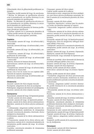 620

Glibenclamida: efecto de glibenclamida posiblemente au-         Clonazepam: aumento del efecto sedante.
mentados.                                                       Codeina: posible aumento de la sedacion.
* Ibuprofeno: posible aumento del riesgo de convulsiones.       Anticonceptivos orales: antagonismo del efecto antidepre-
* Morfina: los fabricantes de ciprofloxacina advierten          sivo, pero efectos adversos posiblemente aumentados, de-
evitar la premedicación con morfina (disminuye la con-          bido al aumento de la concentración plasmática de clomi-
centración plasmática de ciprofloxacina).                       pramina.
Petidina: : los fabricantes de ciprofloxacina advierten evi-    Diazepam: aumento del efecto sedante.
tar la premedicación con petidina (disminuye la concen-         * Epinefrina: hipertensión y arritmias (pero los anestési-
tración plasmática de ciprofloxacina).                          cos locales con epinefrina aparentan ser seguros).
Fenitoina: concentración plasmática de fenitoina posible-       * Etosuximida: antagonismo (umbral consulsivo dismi-
mente alterada por ciprofloxacin.                               nuido).
* Teofilina: aumento de la concentración plasmática de          * Flufenazina: aumento de los efectos adversos antimus-
teofilina; posible aumento del riesgo de convulsiones.          carinicos; aumento de la concetración plasmática de clo-
* Warfarina: efecto anticoagulante aumentado.                   mipramina; posible aumento del riesgo de arritmias ven-
                                                                triculares.
Cisplatino                                                      Furosemida: aumento del riesgo de hipotensión postural.
Acetazolamida: aumento del riesgo de nefrotoxicidad y           Nitroglicerina: efecto de nitroglicerina sublingual dismi-
ototoxicidad.                                                   nuido (debido a boca seca).
Amilorida: aumento del riesgo de nefrotoxicidad y ototo-        * Haloperidol: aumento de la concentración plasmática de
xicidad.                                                        clomipramina; posible aumento del riesgo de arritmias
Furosemida: aumento del riesgo de nefrotoxicidad y oto-         ventriculares.
toxicidad.                                                      Halotano: aumento del riesgo de arritmias e hipotensión.
* Gentamicina: aumento del riesgo de nefrotoxicidad y           Hidralazina: aumento del efecto hipotensor.
posiblemente de ototoxicidad.                                   Hidroclorotiazida: riesgo aumentado de hipotension pos-
Hidroclorotiazida: aumento del riesgo de nefrotoxicidad         tural.
y ototoxicidad.                                                 Dinitrato de isosorbide: efecto disminuido del dinitrato de
Fenitoina: absorción de fenitoina disminuida.                   isosorbide sublingual (debido a boca seca).
Espironolactona: aumento del riesgo de nefrotoxicidad y         Ketamina: aumento del riesgo de arritmias e hipotensión.
ototoxicidad.                                                   Metildopa: aumento del efecto hipotensor.
* Estreptomicina: aumento del riesgo de nefrotoxicidad y        Morfina: posible aumento del efecto sedante.
posiblemente de ototoxicidad.                                   Oxido nitroso: aumento del riesgo de arritmias e hipoten-
Vacuna: evite el uso de vacuna viva con cisplatino (debi-       sión.
litamiento de respuesta inmunológica).                          Petidina: posible aumento del efecto sedante
Vancomicina: aumento del riesgo de nefrotoxicidad y po-         * Fenobarbital: antagonismo del efecto anticonvulsivante
siblemente de ototoxicidad.                                     (umbral convulsivo disminuido); metabolismo de clomi-
                                                                pramina posiblemente acelerado (concentración plasmáti-
Clindamicina                                                    ca disminuida).
Alcuronio: aumento del efecto relajante muscular.               * Fenitoina: antagonismo (umbral convulsivo disminui-
Neostigmina: antagonismo de efecto de neostigmina.              do); posible disminución de la concentración plasmática
Piridostigmina: antagonismo del efectos de la pirodistigmina.   de clomipramina .
Vecuronio: aumento del efecto relajante muscular.               * Procainamida: aumento del riesgo de arritmias ventri-
                                                                culares.
Clomipramina                                                    Prometazina: aumento de los efectos antimuscarinicos y
Acetazolamida: aumento del riesgo de hipotensión postural.      sedantes.
* Alcohol: aumento del efecto sedante.                          * Quinidina: aumento del riesgo de arritmias ventriculares.
Amilorida: aumento del riesgo de hipotensión postural.          Reserpina: aumento del efecto hipotensor.
Atropina: aumento de los efectos adversos antimuscarinicos.     Rifampicina: concentración plasmática de clomipramina
Biperideno: aumento de los efectos adversos antimuscari-        posiblemente disminuida (efecto antidepresivo disminuido).
nicos.                                                          * Ritonavir: concentración plasmática posiblemente au-
* Carbamazepina: antagonismo (umbral convulsivo dis-            mentada por ritonavir.
minuido); posiblemente metabolismo de clomipramina              Nitroprusiato de sodio: aumento del efecto hipotensor.
acelerado (concentración plasmática disminuida; efectos         Espironolactona: aumento del riesgo de hipotensión postural.
antidepresivos disminuidos).                                    Tiopental: aumento del riesgo de arritmias e hipotensión.
Clorfeniramina: aumento de los efectos antimuscarinicos         * Acido valproico: antagonismo (umbral conculsivo dis-
y sedantes.                                                     minuido).
* Clorpromazina: aumento de los efectos adversos anti-          Verapamilo: posible aumento de la concentración plasmá-
muscarinicos; aumento de la concentración plasmática de         tica de clomipramina.
clomipramina; posible aumento del riesgo de arritmias
ventriculares.                                                  Clonazepam
Cimetidina: concentración plasmática de clomipramina            Acetazolamida: aumento del efecto hipotensor.
posiblemente aumentada.                                         Alcohol: aumento del efecto sedante.
 