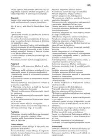 625

* Acido valproico: puede aumentar la toxicidad sin el co-       Amilorida: antagonismo del efecto diurético.
rrespondiente incremento del efecto antiepileptico; con-        * Amfotericina: aumento del riesgo de hipokalemia.
centración plasmática de fenitoina a veces aumentada.           Atenolol: antagonismo del efecto hipotensor.
                                                                Captopril: antagonismo del efecto hipotensor.
Etoposido                                                       * Carbamazepina: metabolismo acelerado de fludrocorti-
Vacuna: evite el uso de vacunas a gérmenes vivos con eto-       sona (efecto disminuido).
posido (debilitamiento de la respuesta inmunológica).           Anticonceptivos orales: anticonceptivos orales aumenta la
                                                                concentración plasmática de fludrocortisona.
Sales de hierro y acido folico Ver Sales de hierro, Acido       Digoxina: aumento del riesgo de hipokalemia.
folico.                                                         Eritromicina: eritromicina posiblemente inhiba el metabo-
                                                                lismo de fludrocortisona.
Sales de hierro                                                 Furosemida: antagonismo del efecto diurético; aumento
Ciprofloxacina: absorción de ciprofloxacina disminuida          del riesgo de hipokalemia.
por sales de hierro orales.                                     Glibenclamida: antagonismo del efecto hipokalémico.
Doxiciclina: absorción disminuida de sales de hierro ora-       Nitroglicerina: antagonismo del efecto hipotensor.
les por doxiciclina; absorción disminuida de doxiciclina        Hidralazina: antagonismo del efecto hipotensor.
por sales de hierro orales.                                     Hidroclorotiazida: antagonismo del efecto diurético; au-
Levodopa: la absorción de levodopa puede ser disminuida.        mento del riesgo de hipokalemia.
Metildopa: disminución del efecto hipotensor de metildopa.      Ibuprofeno: aumento del riesgo de sangrado intestinal y
Minociclina: disminuye la abosorción de sales de hierro         ulceración.
orales por minociclina; disminuye la absorción de mino-         Insulina. Antagonismo del efecto hipoglucémico
ciclina por sales de hierro orales.                             Dinitrato de isosorbide: antagonismo del efecto hipotensor.
Ofloxacin: disminuye la absorción de ofloxacin por sales        Levonorgestrel: levonogestrel aumenta la concentración
de hierro orales.                                               plasmática de fludrocortisona.
Penicilamina: disminuye la absorción de penicilamina.           Medroxiprogesterona: medroxiprogesterona aumenta la
                                                                concentracio plasmática de fludrocortisona.
Fluconazol                                                      Metformina: antagonismo del efecto hipoglucémico
Amfotericina: posible antagonismo del efecto de amfote-         Metotrexato: aumento del riesgo de toxicidad hematoló-
ricina.                                                         gica
* Ciclosporina: posible inhibición del metabolismo de ciclos-   Metildopa: antagonismo del efecto hipotensor.
porina (posible aumento de la concentración plasmática).        Nifedipina: antagonismo del efecto hipotensor.
* Glibenclamida: aumento de la concentración plasmática         Noretisterona: noretisterona aumenta la concentración
de glibenclamida.                                               plasmática de fludrocortisona.
Hidroclorotiazida: aumento de la concentración plasmáti-        * Fenobarbital: metabolismo de fludrocortisona acelerado
ca de fluconazol.                                               (efecto disminuido)
* Fenitoina: aumento del efecto de fenitoina ; aumento de       * Fenitoina: metabolismo de fludrocortisona acelerado
la concentración plasmática .                                   (efecto disminuido).
* Rifampicina: metabolismo acelerado de fluconazol              Prazosin : antagonismo del efecto hipotensor.
(concentración plasmática disminuida).                          Propranolol: antagonismo del efecto hipotensor.
* Ritonavir: posible aumento de la concentración plasmá-        Reserpina: antagonismo del efecto hipotensor.
tica por ritonavir.                                             * Rifampicina: metabolismo de fludrocortisona acelerado
Saquinavir: posible aumento de la concentración plasmá-         (efecto disminuido).
tica de saquinavir.                                             Ritonavir: posible aumento de la concentración plasmáti-
* Teofilina: posible aumento de la concentración plasmá-        ca por ritonavir.
tica de teofilina.                                              Salbutamol: aumento del riesgo de hipokalemia si se ad-
* Warfarina: aumento del efecto anticoagulante.                 ministran altas dosis de fludrocortisona con altas dosis de
* Zidovudina: aumento de la concentración plasmática de         salbutamol.
zidovudina (aumento del riesgo de toxicidad).                   Nitroprusiato de sodio: antagonismo del efecto hipotensor.
                                                                Espironolactona: antagonismo del efecto diurético.
Flucitosina                                                     Teofilina: aumento del riesgo de hipokalemia.
Amfotericina: excreción renal de flucitosina disminuida y       Vacuna viva: altas dosis de fludrocortisona debilitan la
aumento de la reabsorción y captación celular.                  respuesta inmunológica;evite el uso de vacunas a gérme-
Citarabina: posible disminución de la concentración plas-       nes vivos.
mática de flucitocina.                                          Verapamilo: antagonismo del efecto hipotensor.
                                                                * Warfarina: efecto anticoagulante posiblemente alterado.
Fludrocortisona
Acetazolamida: aumento del riesgo de hipokalemia; anta-         Fluorouracilo
gonismo del efecto diurético.                                   Cimetidina: metabolismo de fluorouracilo inhibido (au-
Acido acetilsalicilico: aumento del riesgo de sangrado in-      mentado concentración plasmática de fluorouracilo).
testinal y ulceracion; fludrocortisona reduce la concentra-     Metronidazol: metabolismo de fluorouracilo inhibido (re-
ción plasmática de salicilico.                                  ciente toxicidad).
 