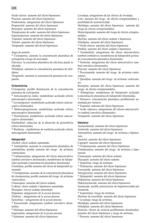 628

Oxido nitroso: aumento del efecto hipotensor.               Levodopa: antagonismo de los efectos de levodopa.
Prazosin: aumento del efecto hipotensor.                    Litio: aumento del riesgo de efectos extrapiramidales y
Prednisolona: antagonismo del efecto hipotensor.            posibilidad de neurotoxicidad.
Propranolol: aumento del efecto hipotensor.                 Metildopa: aumento del efecto hipotensor; aumento del
Reserpina: aumento del efecto hipotensor.                   riesgo de efectos extrapiramidales.
Nitroprusiato de sodio: aumento del efecto hipotensor.      Metoclopramida: aumento del riesgo de efectos extrapira-
Espironolactona: aumento del efecto hipotensor.             midales.
Tiopental: aumento del efecto hipotensor.                   Morfina: aumento del efecto sedante e hipotensor.
Timolol: aumento del efecto hipotensor.                     Nifedipina: aumento del efecto hipotensor.
Verapamilo: aumento del efecto hipotensor.                  * Oxido nitroso: aumento del efecto hipotensor
                                                            Petidina: aumento del efecto sedante e hipotensor.
Juego de pomelo                                             * Fenobarbital: antagonismo del efecto anticonvulsivo
* Ciclosporina: aumenta la concentración plasmática de      (umbral conbulsivo); metabolismo de haloperidol acelera-
ciclosporina (riesgo de toxicidad).                         do (concentración plasmática disminuida).
Efavirenz: la concentras plasmática de efavirenz puede se   * Fenitoina: antagonismo del efecto anticonvulsivo (um-
afectada                                                    bral convulsivo disminuido).
Nifedipina: aumenta la concentración pasmatica de nife-     Prazosin: aumento del efecto hipotensor.
dipina.                                                     * Procainamida: aumento del riesgo de arritmias ventri-
Verapamilo: aumenta la concentración pasmatica de vera-     culares.
pamilo.                                                     * Quinidina: aumento del riesgo de arritmias ventricula-
                                                            res.
Griseofulvina                                               Reserpina: aumento del efecto hipotensor; aumento del
Ciclosporina: posible disminución de la concentración       riesgo de efectos extrapiramidales.
pasmatica de ciclosporina                                   * Rifampicina: metabolismo de haloperidol acelerado
* Anticonceptivos orales: metabolismo acelerado (efecto     (concentración plasmática de haloperidol disminuida).
anticonceprivo disminuido).                                 * Ritonavir: concentraciòn plasmática posiblemente au-
* Levonorgestrel: metabolismo acelerado (efecto anticon-    mentada por ritonavir.
ceprivo disminuido).                                        * Tiopental: aumento del efecto hipotensor.
* Medroxiprogesterona: metabolismo acelerado (efecto        * Acido valproico: antagonismo del efectos anticonvulsi-
anticonceprivo disminuido).                                 vo (umbral convulsivo disminuido).
* Noretisterona: metabolismo acelerado (efecto anticon-     Verapamilo: aumento del efecto hipotensor.
ceprivo disminuido).
Fenobarbital: reduccion de la absorción de griseofulvin     Halotano
(efecto disminuido).                                        Acetazolamida: aumento del efecto hipotensor.
* Warfarina : metabolismo de warfarina acelerado (efecto    Amilorida: aumento del efecto hipotensor.
anticoagulante disminuido).                                 Amitriptilina: aumento del riesgo de arritmias e hipoten-
                                                            sión.
Haloperidol                                                 Atenolol: aumento del efecto hipotensor.
Alcohol: efecto sedante aumentado.                          Captopril: aumento del efecto hipotensor.
* Amitriptilina: aumenta la concentración plasmática de     * Clorporamzina: aumento del efecto hipotensor.
amitriptilina; posible aumento del riesgo de arritmias      Clomipramina: aumento del riesgo de arritmias e hipo-
ventriculares.                                              tensión.
* Carbamazepina: antagonismo del efecto anticonvulsivo      Clonazepam: aumento del efecto sedante.
(umbral convulsivo disminuido); metabolismo de halope-      Diazepam: aumento del efecto sedante.
ridol acelerado (concentración plasmática disminuida).      * Epinefrina: riesgo de arritmias.
Cimetidina: posible aumento del efecto de haloperidol au-   * Flufenazina: aumento del efecto hipotensor.
mentado.                                                    Furosemide: aumento del efecto hipotensor.
* Clomipramina: aumento de la concentración plasmática      Nitroglicerina: aumento del efecto hipotensor.
de clomipramina; posible aumento del riesgo de arritmias    * Haloepridol: aumento del efecto hipotensor.
ventriculares.                                              Hidralazina: aumento del efecto hipotensor.
Clonazepam: aumento del efecto sedante.                     Hidroclorotiazida: aumento del efecto hipotensor.
Codeina: efecto sedante e hipotensor aumentado.             Isioniazida: posible potenciacion de hepatotoxicidad por
Diazepam: efectos sedante aumentado.                        isionazida.
Dopamina: antagonismo de la accion presora.                 * Isoprenalina: riesgo de arrtimias.
Efedrina: : antagonismo de la accion presora.               Dinitrato de isosorbide: aumento del efecto hipotensor.
Epinefrina: : antagonismo de la accion presora              * Levodopa: riesgo de arritmias.
* Etosuximida: antagonismo (umbral convulsivo dismi-        Metildopa: aumento del efecto hipotensor.
nuido).                                                     Nifedipina: aumento del efecto hipotensor.
* Halotano: aumento del efecto hipotensor.                  Oxitocin: efectos de oxitocin posiblemente disminuidos;
Isoprenalina: antagonismo de la accion presora.             aumento del efecto hipotensor y riesgo de arritmias.
* Ketamina: aumento del efecto hipotensor.                  * Prazosin: aumento del efecto hipotensor.
 