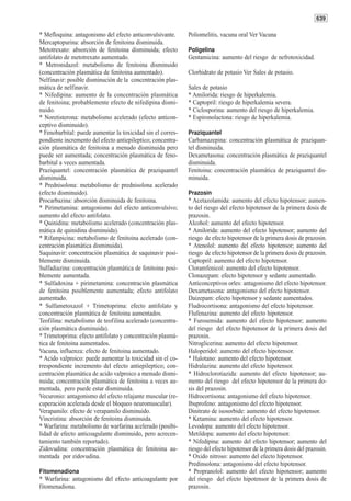 639

* Mefloquina: antagonismo del efecto anticonvulsivante.      Poliomelitis, vacuna oral Ver Vacuna
Mercaptopurina: absorción de fenitoina disminuida.
Metotrexato: absorción de fenitoina disminuida; efecto       Poligelina
antifolato de metotrexato aumentado.                         Gentamicina: aumento del riesgo de nefrotoxicidad.
* Metronidazol: metabolismo de fenitoina disminuido
(concentración plasmática de fenitoina aumentado).           Clorhidrato de potasio Ver Sales de potasio.
Nelfinavir: posible disminución de la concentración plas-
mática de nelfinavir.                                        Sales de potasio
* Nifedipina: aumento de la concentración plasmática         * Amilorida: riesgo de hiperkalemia.
de fenitoina; probablemente efecto de nifedipina dismi-      * Captopril: riesgo de hiperkalemia severa.
nuido.                                                       * Ciclosporina: aumento del riesgo de hiperkalemia.
* Noretisterona: metabolismo acelerado (efecto anticon-      * Espironolactona: riesgo de hiperkalemia.
ceptivo disminuido).
* Fenobarbital: puede aumentar la toxicidad sin el corres-   Praziquantel
pondiente incremento del efecto antiepileptico; concentra-   Carbamazepina: concentración plasmática de praziquan-
ción plasmática de fenitoina a menudo disminuida pero        tel disminuida.
puede ser aumentada; concentración plasmática de feno-       Dexametasona: concentración plasmática de praziquantel
barbital a veces aumentada.                                  disminuida.
Praziquantel: concentración plasmática de praziquantel       Fenitoina: concentración plasmática de praziquantel dis-
disminuida.                                                  minuida.
* Prednisolona: metabolismo de prednisolona acelerado
(efecto disminuido).                                         Prazosin
Procarbazina: absorción disminuida de fenitoina.             * Acetazolamida: aumento del efecto hipotensor; aumen-
* Pirimetamina: antagonismo del efecto anticonvulsivo;       to del riesgo del efecto hipotensor de la primera dosis de
aumento del efecto antifolato.                               prazosin.
* Quinidina: metabolismo acelerado (concentración plas-      Alcohol: aumento del efecto hipotensor.
mática de quinidina disminuida).                             * Amilorida: aumento del efecto hipotensor; aumento del
* Rifampicina: metabolismo de fenitoina acelerado (con-      riesgo de efecto hipotensor de la primera dosis de prazosin.
centración plasmática disminuida).                           * Atenolol: aumento del efecto hipotensor; aumento del
Saquinavir: concentración plasmática de saquinavir posi-     riesgo de efecto hipotensor de la primera dosis de prazosin.
blemente disminuida.                                         Captopril: aumento del efecto hipotensor.
Sulfadiazina: concentración plasmática de fenitoina posi-    Cloramfenicol: aumento del efecto hipotensor.
blemente aumentada.                                          Clonazepam: efecto hipotensor y sedante aumentado.
* Sulfadoxina + pirimetamina: concentración plasmática       Anticonceptivos orles: antagonismo del efecto hipotensor.
de fenitoina posiblemente aumentada; efecto antifolato       Dexametasona: antagonismo del efecto hipotensor.
aumentado.                                                   Daizepam: efecto hipotensor y sedante aumentados.
* Sulfametoxazol + Trimetoprima: efecto antifolato y         Fludrocortisona: antagonismo del efecto hipotensor.
concentración plasmática de fenitoina aumentados.            Flufenazina: aumento del efecto hipotensor.
Teofilina: metabolismo de teofilina acelerado (concentra-    * Furosemida: aumento del efecto hipotensor; aumento
ción plasmática disminuida).                                 del riesgo del efecto hipotensor de la primera dosis del
* Trimetoprima: efecto antifolato y concentración plasmá-    prazosin.
tica de fenitoina aumentados.                                Nitroglicerina: aumento del efecto hipotensor.
Vacuna, influenza: efecto de fenitoina aumentado.            Haloperidol: aumento del efecto hipotensor.
* Acido valproico: puede aumentar la toxicidad sin el co-    * Halotano: aumento del efecto hipotensor.
rrespondiente incremento del efecto antiepileptico; con-     Hidralazina: aumento del efecto hipotensor.
centración plasmática de acido valproico a menudo dismi-     * Hidroclorotiazida: aumento del efecto hipotensor; au-
nuida; concentración plasmática de fenitoina a veces au-     mento del riesgo del efecto hipotensor de la primera do-
mentada, pero puede estar disminuida.                        sis del prazosin.
Vecuronio: antagonismo del efecto relajante muscular (re-    Hidrocortisona: antagonismo del efecto hipotensor.
cuperación acelerada desde el bloqueo neuromuscular).        Ibuprofeno: antagonismo del efecto hipotensor.
Verapamilo: efecto de verapamilo disminuido.                 Dinitrato de isosorbide: aumento del efecto hipotensor.
Vincristina: absorción de fenitoina disminuida.              * Ketamina: aumento del efecto hipotensor.
* Warfarina: metabolismo de warfarina acelerado (posibi-     Levodopa: aumento del efecto hipotensor.
lidad de efecto anticoagulante disminuido, pero acrecen-     Metildopa: aumento del efecto hipotensor.
tamiento también reportado).                                 * Nifedipina: aumento del efecto hipotensor; aumento del
Zidovudina: concentración plasmática de fenitoina au-        riesgo del efecto hipotensor de la primera dosis del prazosin.
mentada por zidovudina.                                      * Oxido nitroso: aumento del efecto hipotensor.
                                                             Predinsolona: antagonismo del efecto hipotensor.
Fitomenadiona                                                * Propranolol: aumento del efecto hipotensor; aumento
* Warfarina: antagonismo del efecto anticoagulante por       del riesgo del efecto hipotensor de la primera dosis de
fitomenadiona.                                               prazosin.
 