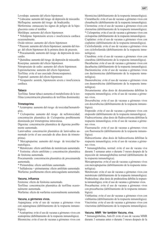 647

Levodopa: aumento del efecto hipotensor.                       bleomicina (debilitamiento de la respuesta inmunológica).
* Lidocaina: aumento del riesgo de depresión de miocardio.     Clorambucilo: evite el uso de vacunas a gérmenes vivos con
Mefloquina: aumento del riesgo de bradicardia.                 cloranbucilo (debilitamiento de la respuesta inmunológica).
Metformina: enmascara los signos de peligro de la hipo-        Clormetina: evite el uso de vacunas a gérmenes vivos con
glucemia como el temblor.                                      clormetina (debilitamiento de la respuesta inmunológica).
Metildopa: aumento del efecto hipotensor.                      * Ciclosporina: evite el uso de vacunas a gérmenes vivos con
* Nifedipina: hipotensión severa e insuficiencia cardíaca      ciclosporina (debilitamiento de la respuesta inmunológica).
ocasionalmente.                                                Cisplatino: evite el uso de vacunas a gérmenes vivos con
Oxido nitroso: aumento del efecto hipotensor.                  cisplatino (debilitamiento de la respuesta inmunológica).
* Prazosin: aumento del efecto hipotensor; aumento del ries-   Ciclofosfamida: evite el uso de vacunas a gérmenes vivos
go del efecto hipotensor de la primera dosis de prazosin.      con ciclofosfamida (debilitamiento de la respuesta inmu-
* Procainamida: aumento del riesgo de depresión de mio-        nológica).
cardio.                                                        Citarabina: evite el uso de vacunas a gérmenes vivos con
* Quinidina: aumento del riesgo de depresión de miocardio.     citarabina (debilitamiento de la respuesta inmunológica).
Reserpina: aumento del efecto hipotensor.                      Dacarbazina: evite el uso de vacunas a gérmenes vivos con
Nitroprusiato de sodio: aumento del efecto hipotensor.         dacarbazina (debilitamiento de la respuesta inmunológica).
Espironolactona: aumento del efecto hipotensor.                Dactinomicina: evite el uso de vacunas a gérmenes vivos
Teofilina: evite el uso asociado (broncoespasmo).              con dactinomicina (debilitamiento de la respuesta inmu-
Tiopental: aumento del efecto hipotensor.                      nológica).
* Verapamilo: asistole, hipotensión severa e insuficiencia     Daunorubicina: evite el uso de vacunas a gérmenes vivos
cardíaca.                                                      con daunorubicina (debilitamiento de la respuesta inmu-
                                                               nológica).
Tabaco                                                         Dexametasona: altas dosis de dexametasona debilitan la
Teofilina: fumar tabaco aumenta el metabolismo de la teo-      respuesta inmunológica; evite el uso de vacunas a gérme-
filina (concentración plasmática de teofilina disminuida).     nes vivos.
                                                               Doxorubicina: evite el uso de vacunas a gérmenes vivos
Trimetoprima                                                   con doxorubicina (debilitamiento de la respuesta inmuno-
* Aziatropina: aumento del riesgo de toxicidad hematoló-       lógica).
gica..                                                         Etoposido: evite el uso de vacunas a gérmenes vivos con
* Ciclosporina: aumento del riesgo de nefrotoxicidad;          etoposido (debilitamiento de la respuesta inmunológica).
concentración plasmática de Ciclosporina posiblemente          Fludrocortisona: altas dosis de fludrocortisona debilitan la
disminuida por trimetoprima intravenosa.                       respuesta inmunológica; evite el uso de vacunas a gérme-
Digoxina: concentración plasmática de digoxina posible-        nes vivos.
mente aumentado.                                               Fluorouracilo: evite el uso de vacunas a gérmenes vivos
Lamivudina: concenración plasmática de lamivudina au-          con fluorouracilo (debilitamiento de la respuesta inmuno-
mentado (evite el uso asociado de altas dosis de trimeto-      lógica).
prima).                                                        Hidrocortisona: altas dosis de hidrocortisona debilitan la
* Mercaptopurina: aumento del riesgo de toxicidad he-          respuesta inmunológica; evite el uso de vacunas a gérme-
matológica..                                                   nes vivos.
* Metotrexato: efecto antifolato de metotrexato aumentado.     * Inmunoglobulina, normal: evite el uso de vacuna viva
* Fenitoina: efecto antifolato y concentración plasmática      durante 3 semanas antes o durante 3 meses después de la
de fenitoina aumentada.                                        inyección de inmunoglobulina normal (debilitamiento de
Procainamida: concentración plasmática de procainamida         la respuesta inmunológica).
aumentada.                                                     Mercaptopurina: evite el uso de vacunas a gérmenes vivos
* Pirimetidina: efecto antifolato aumentado.                   con mercaptopurina (debilitamiento de la respuesta inmu-
* Sulfadoxina + pirimetamina: efecto antifolato aumentado.     nológica).
Warfarina: posiblemente efecto anticoagulante aumentado.       Metotrexato: evite el uso de vacunas a gérmenes vivos con
                                                               metotrexato (debilitamiento de la respuesta inmunológica).
Vacuna, influenza                                              Prednisolona: altas dosis de prednisolona debilita la respues-
Fenitoina: efecto de fenitoina aumentado.                      ta inmunológica; evite el uso de vacunas a gérmenes vivos.
Teofilina: concentración plasmática de teofilina ocasio-       Procarbazina: evite el uso de vacunas a gérmenes vivos
nalmente aumentada.                                            con procarbazina (debilitamiento de la respuesta inmuno-
Warfarina: efecto de warfarina ocasionalmente aumentada.       lógica).
                                                               Vinblastina: evite el uso de vacunas a gérmenes vivos con
Vacuna, a gérmenes vivos.                                      vinblastina (debilitamiento de la respuesta inmunológica).
Asparginasa: evite el uso de vacunas a gérmenes vivos          Vincristina: evite el uso de vacunas a gérmenes vivos con
con asparaginasa (debilitamiento de la respuesta inmuno-       vincristina (debilitamiento de la respuesta inmunológica).
lógica).
* Azatioprima: evite el uso de vacunas a gérmenes vivos con    Vacuna, MMR Ver también Vacuna, viva.
azatioprima (debilitamiento de la respuesta inmunológica).     * Inmunoglobulina, Anti-D: evite el uso de vacuna MMR
Bleomicina: evite el uso de vacunas a gérmenes vivos con       durante 3 semanas antes o durante 3 meses después de la
 