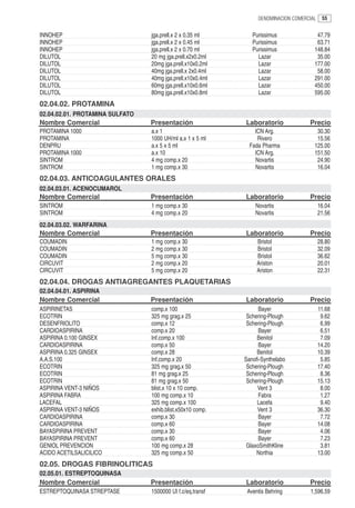 DENOMINACION COMERCIAL    55


INNOHEP                          jga.prell.x 2 x 0.35 ml       Purissimus              47.79
INNOHEP                          jga.prell.x 2 x 0.45 ml       Purissimus              63.71
INNOHEP                          jga.prell.x 2 x 0.70 ml       Purissimus             148.84
DILUTOL                          20 mg jga.prell.x2x0.2ml        Lazar                 35.00
DILUTOL                          20mg jga.prell.x10x0.2ml        Lazar                177.00
DILUTOL                          40mg jga.prell.x 2x0.4ml        Lazar                 58.00
DILUTOL                          40mg jga.prell.x10x0.4ml        Lazar                291.00
DILUTOL                          60mg jga.prell.x10x0.6ml        Lazar                450.00
DILUTOL                          80mg jga.prell.x10x0.8ml        Lazar                595.00
02.04.02. PROTAMINA
02.04.02.01. PROTAMINA SULFATO
Nombre Comercial                 Presentación               Laboratorio             Precio
PROTAMINA 1000                   a.x 1                          ICN Arg.               30.30
PROTAMINA                        1000 UH/ml a.x 1 x 5 ml         Rivero                15.56
DENPRU                           a.x 5 x 5 ml                 Fada Pharma             125.00
PROTAMINA 1000                   a.x 10                         ICN Arg.              151.50
SINTROM                          4 mg comp.x 20                 Novartis               24.90
SINTROM                          1 mg comp.x 30                 Novartis               16.04
02.04.03. ANTICOAGULANTES ORALES
02.04.03.01. ACENOCUMAROL
Nombre Comercial                 Presentación               Laboratorio             Precio
SINTROM                          1 mg comp.x 30                 Novartis                  16.04
SINTROM                          4 mg comp.x 20                 Novartis                  21.56
02.04.03.02. WARFARINA
Nombre Comercial                 Presentación               Laboratorio             Precio
COUMADIN                         1 mg comp.x 30                  Bristol                  28.80
COUMADIN                         2 mg comp.x 30                  Bristol                  32.09
COUMADIN                         5 mg comp.x 30                  Bristol                  36.62
CIRCUVIT                         2 mg comp.x 20                  Ariston                  20.01
CIRCUVIT                         5 mg comp.x 20                  Ariston                  22.31
02.04.04. DROGAS ANTIAGREGANTES PLAQUETARIAS
02.04.04.01. ASPIRINA
Nombre Comercial                 Presentación               Laboratorio             Precio
ASPIRINETAS                      comp.x 100                       Bayer                   11.68
ECOTRIN                          325 mg grag.x 25            Schering-Plough               9.62
DESENFRIOLITO                    comp.x 12                   Schering-Plough               6.99
CARDIOASPIRINA                   comp.x 20                        Bayer                    6.51
ASPIRINA 0.100 GINSEX            Inf.comp.x 100                  Benitol                   7.09
CARDIOASPIRINA                   comp.x 50                        Bayer                   14.20
ASPIRINA 0.325 GINSEX            comp.x 28                       Benitol                  10.39
A.A.S.100                        Inf.comp.x 20              Sanofi-Synthelabo              5.85
ECOTRIN                          325 mg grag.x 50            Schering-Plough              17.40
ECOTRIN                          81 mg grag.x 25             Schering-Plough               8.36
ECOTRIN                          81 mg grag.x 50             Schering-Plough              15.13
ASPIRINA VENT-3 NIÑOS            blist.x 10 x 10 comp.           Vent 3                    8.00
ASPIRINA FABRA                   100 mg comp.x 10                 Fabra                    1.27
LACEFAL                          325 mg comp.x 100               Lacefa                    9.40
ASPIRINA VENT-3 NIÑOS            exhib.blist.x50x10 comp.        Vent 3                   36.30
CARDIOASPIRINA                   comp.x 30                        Bayer                    7.72
CARDIOASPIRINA                   comp.x 60                        Bayer                   14.08
BAYASPIRINA PREVENT              comp.x 30                        Bayer                    4.06
BAYASPIRINA PREVENT              comp.x 60                        Bayer                    7.23
GENIOL PREVENCION                100 mg comp.x 28            GlaxoSmithKline               3.81
ACIDO ACETILSALICILICO           325 mg comp.x 50                Northia                  13.00
02.05. DROGAS FIBRINOLITICAS
02.05.01. ESTREPTOQUINASA
Nombre Comercial                 Presentación               Laboratorio             Precio
ESTREPTOQUINASA STREPTASE        1500000 UI f.c/eq.transf    Aventis Behring        1,596.59
 
