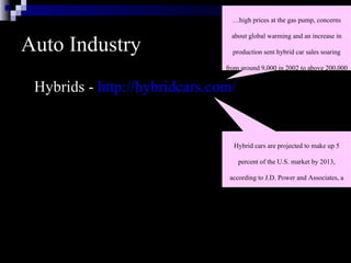 Auto Industry Hybrids -  http://hybridcars.com/ … high prices at the gas pump, concerns about global warming and an increase in production sent hybrid car sales soaring from around 9,000 in 2002 to above 200,000 in 2005, according to Hybridcars.com  Hybrid cars are projected to make up 5 percent of the U.S. market by 2013, according to J.D. Power and Associates, a market research firm, up from 1.2 percent in 2005   