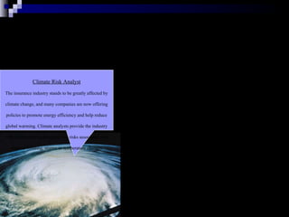 Climate Risk Analyst The insurance industry stands to be greatly affected by climate change, and many companies are now offering policies to promote energy efficiency and help reduce global warming. Climate analysts provide the industry with information to determine the risks associated with extreme flooding, storms or temperature changes. 